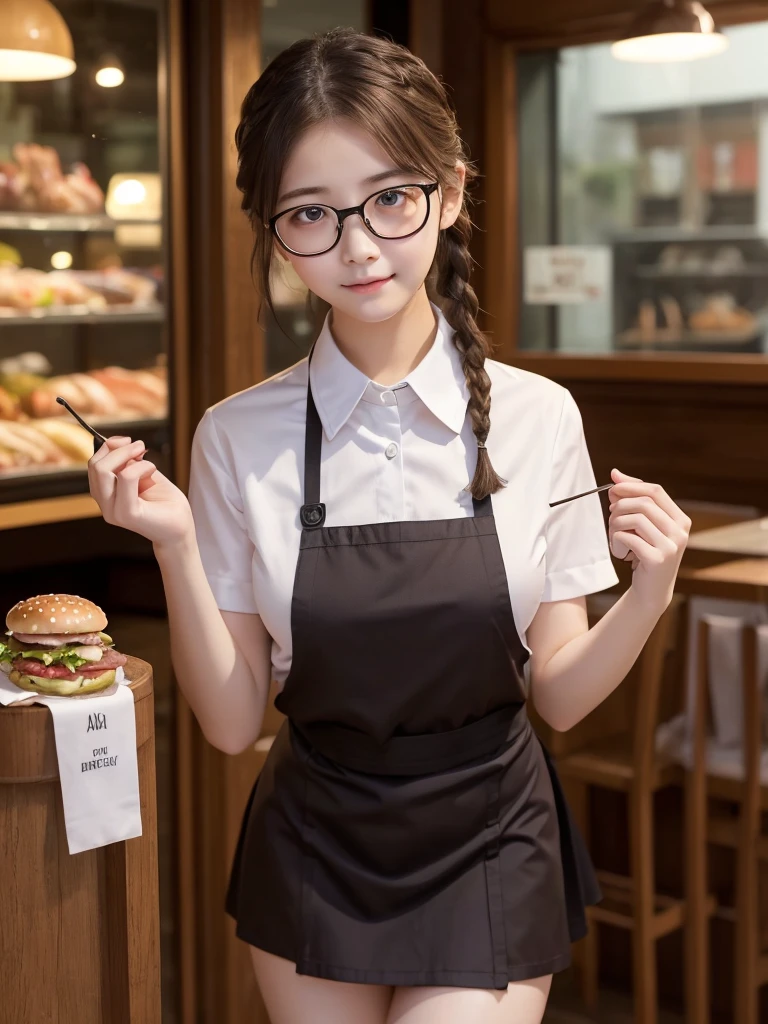 ((masterpiece))、((Highest quality))、photograph、reality、High resolution、Advanced Depth of Field、become close、Realistic lighting、Delicate facial features、Realistic Background、(The whole body is shown:1.2)、(Big Breasts:1.2)、(Erect nipples:1.2)、(Slender:1.2)、(Hamburger Shop Uniform:1.5)、(Collared shirt:1.2)、(Short tight skirt:1.2)、(apron:1.2)、(The background is an empty cafe:1.2)、(Early s:1.5)、(face:1.5)、(Short)、(Braid)、Glasses