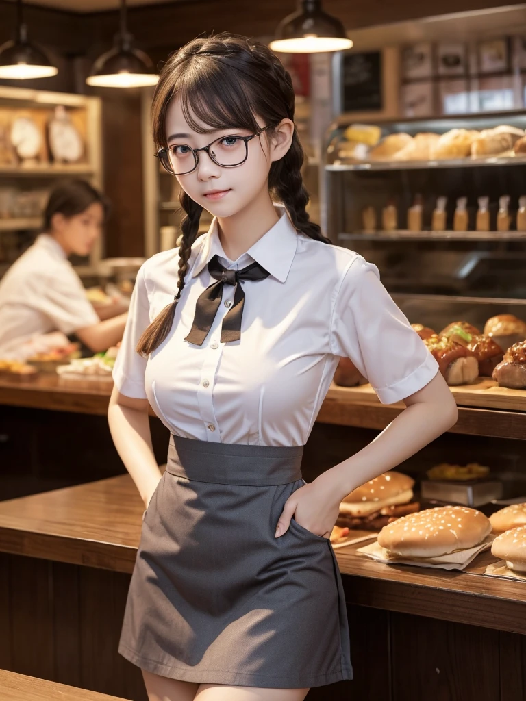 ((masterpiece))、((Highest quality))、photograph、reality、High resolution、Advanced Depth of Field、become close、Realistic lighting、Delicate facial features、Realistic Background、(The whole body is shown:1.2)、(Big Breasts:1.2)、(Erect nipples:1.2)、(Slender:1.2)、(Hamburger Shop Uniform:1.5)、(Collared shirt:1.2)、(Short tight skirt:1.2)、(apron:1.2)、(The background is an empty cafe:1.2)、(Early s:1.5)、(face:1.5)、(Short)、(Braid)、Glasses