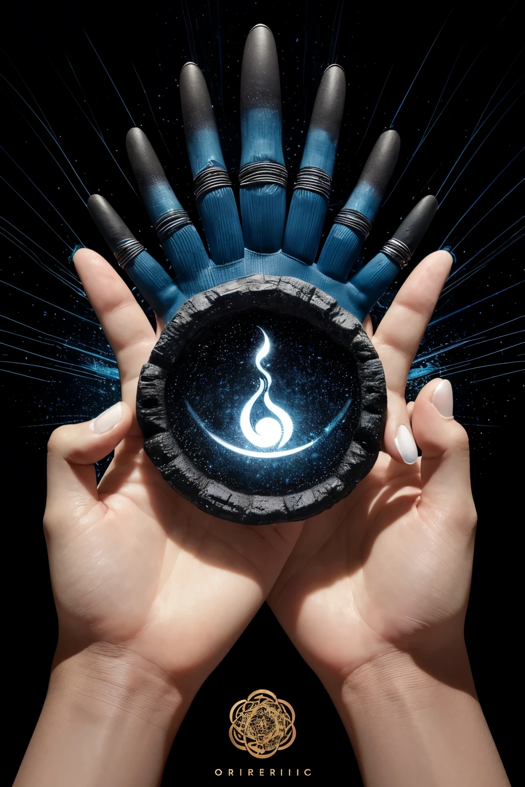 ((melhor qualidade)), ((obra de arte)), (detalhado), create a hand, with fingerprints, blue hand, realistic, full HD, black hand, with esoteric symbols around, dark forest background, with sign saying "cultos perdidos", five fingers, one hand
"