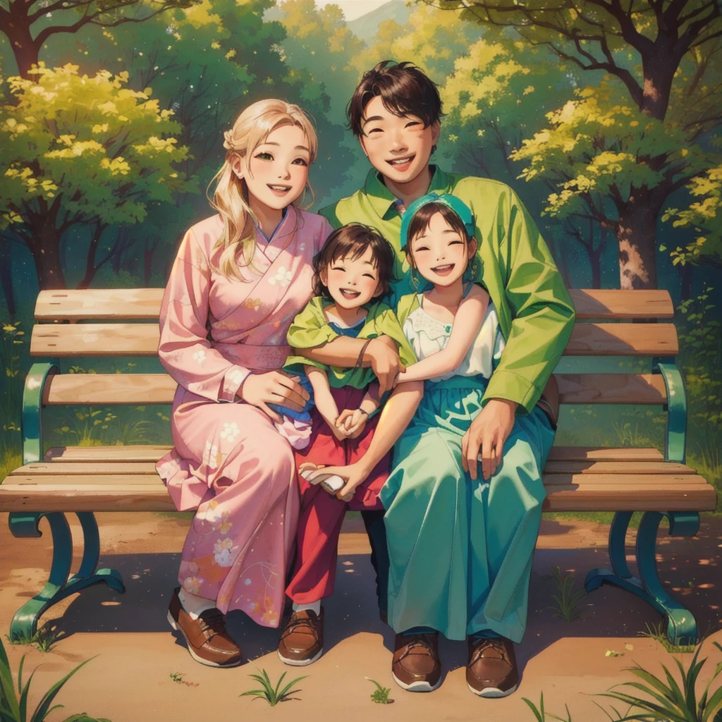 family sitting in a bench, forest background, cute, 4 members, two kids and a couple, women wears a cute outfit, smile, asian,