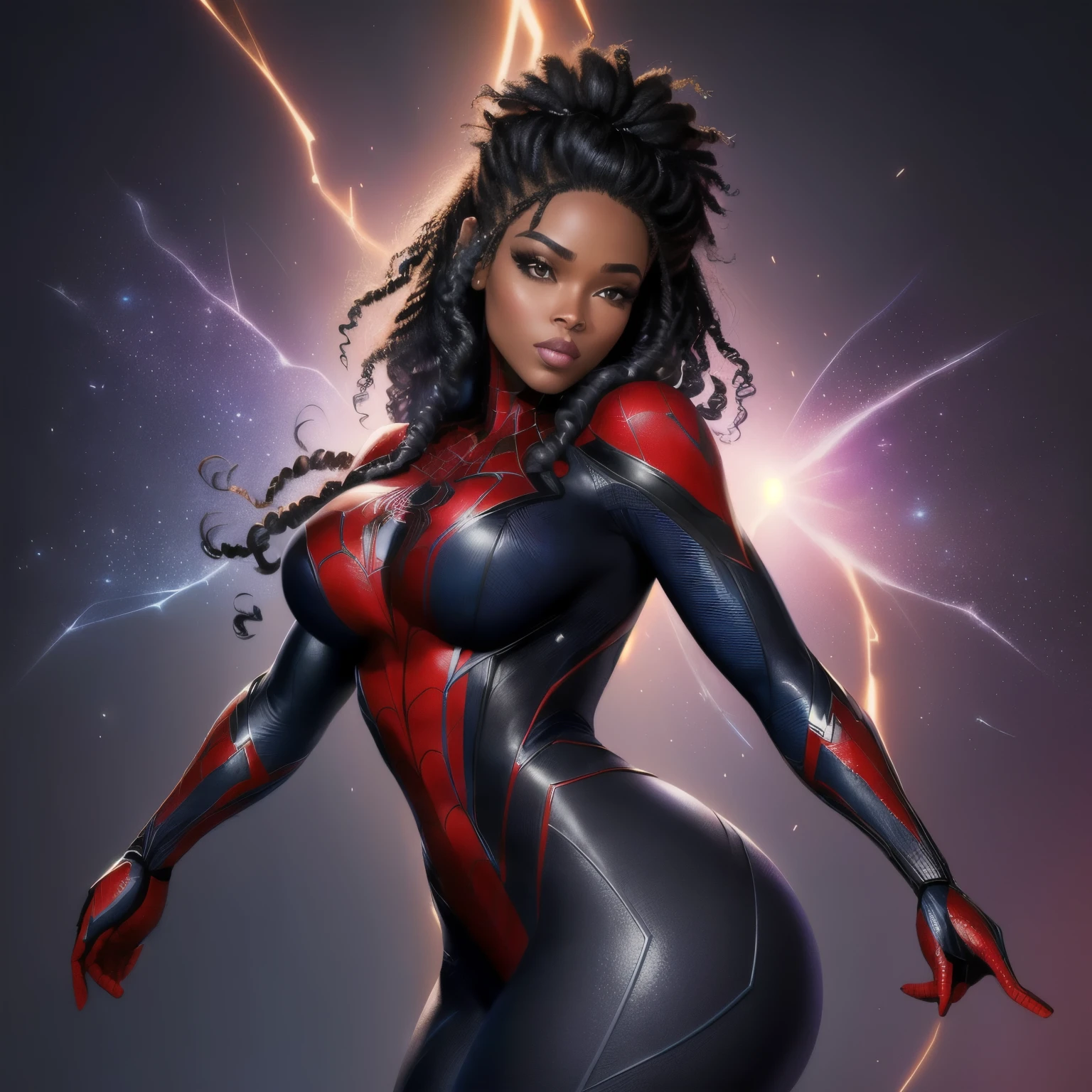 un gros plan en 4k, une femme noire splendide, en tenue de spider man, cosplay,Résolution Haute, Solo, Plan Américain, Anatomie parfaite, 