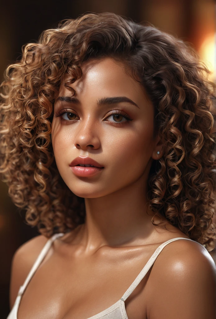 1 beautiful curly hair, dark/black skin tone, brazilian charisma, sensuality, (best quality,4k,8k,highres,masterpiece:1.2),ultra-detailed,(realistic,photorealistic,photo-realistic:1.37),HDR,UHD,studio lighting,ultra-fine painting,sharp focus,physically-based rendering,extreme detail description,professional,vivid colors,bokeh,portrait,digital art,highly detailed face, striking gaze, luscious lips, elegant pose, warm natural lighting, rich color palette