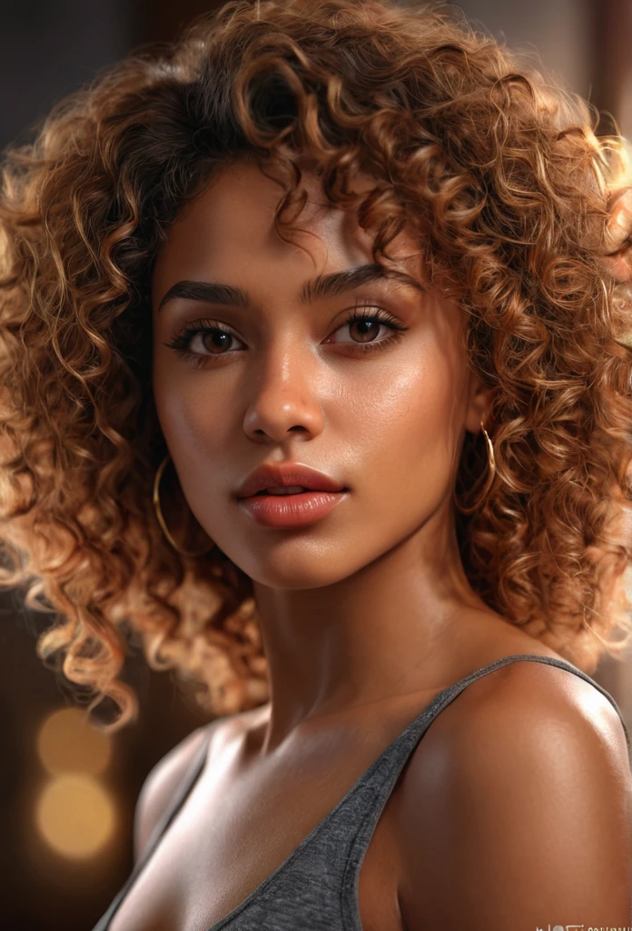 1 beautiful curly hair, dark/black skin tone, brazilian charisma, sensuality, (best quality,4k,8k,highres,masterpiece:1.2),ultra-detailed,(realistic,photorealistic,photo-realistic:1.37),HDR,UHD,studio lighting,ultra-fine painting,sharp focus,physically-based rendering,extreme detail description,professional,vivid colors,bokeh,portrait,digital art,highly detailed face, striking gaze, luscious lips, elegant pose, warm natural lighting, rich color palette