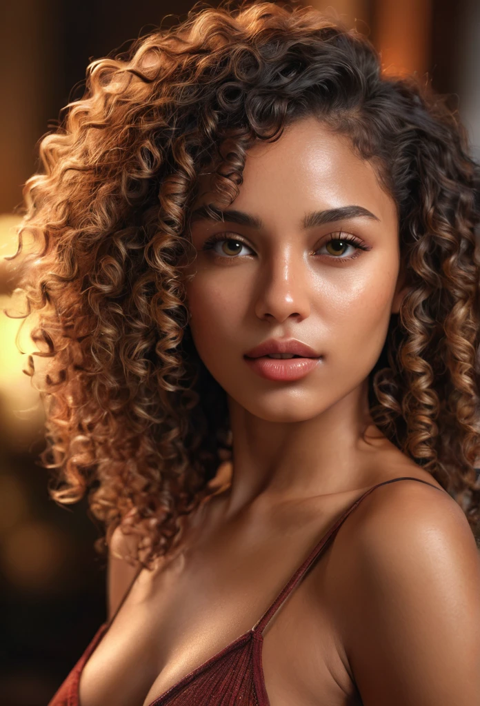 1 beautiful curly hair, dark/black skin tone, brazilian charisma, sensuality, (best quality,4k,8k,highres,masterpiece:1.2),ultra-detailed,(realistic,photorealistic,photo-realistic:1.37),HDR,UHD,studio lighting,ultra-fine painting,sharp focus,physically-based rendering,extreme detail description,professional,vivid colors,bokeh,portrait,digital art,highly detailed face, striking gaze, luscious lips, elegant pose, warm natural lighting, rich color palette