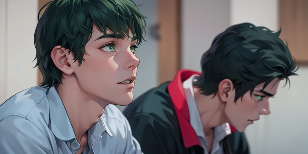 16-year-old male with green hair and green eyes, he is somewhat scared and sees that someone dangerous is approaching. 