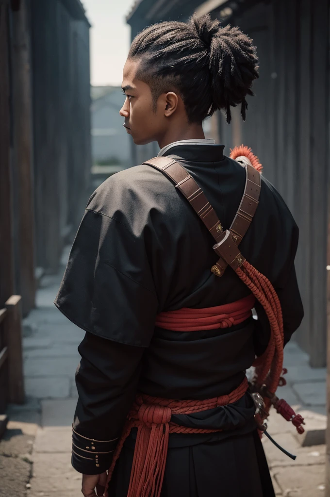 A black samurai looking back