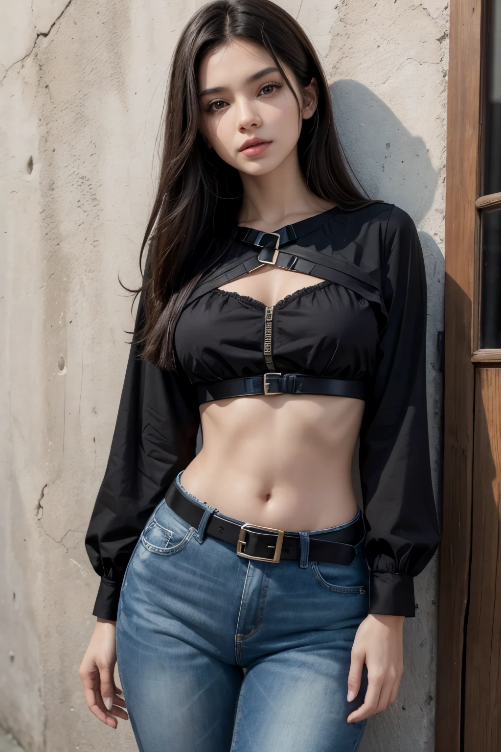 Beautiful model of Brazilian origin, brunette with black hair wearing a short black blouse and high-waisted blue jeans and a black belt with a buckle showing her oblong navel