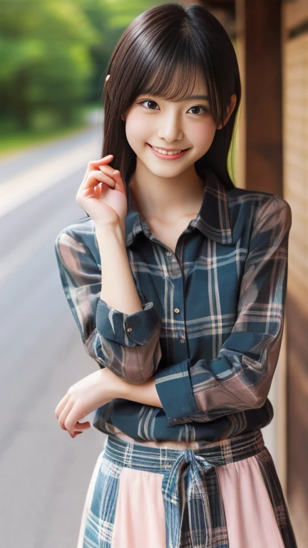 perfect Ratio Face, Balanced eyes, double eyelid,japanese girl,17yr,round face, Beautiful nasal muscles lipgloss,Balanced style,shorthair with bangs,smile,(open plaid shirt),Plain color culotte skirt,g-shock,on country road