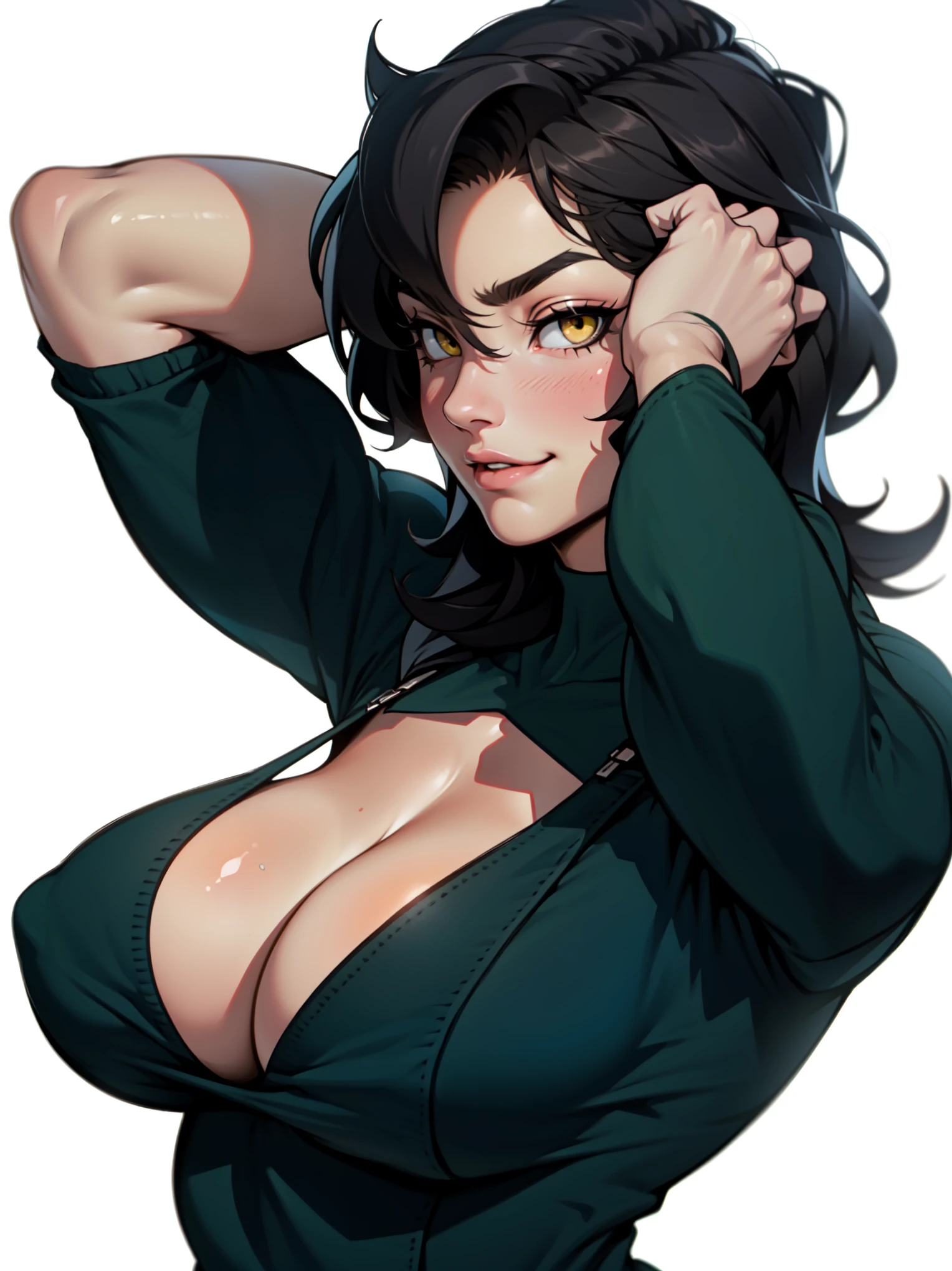 joyful gleaming eyes black hair yellow eyes pale skin sharp focus muscular girl massive breasts muscular girl solo