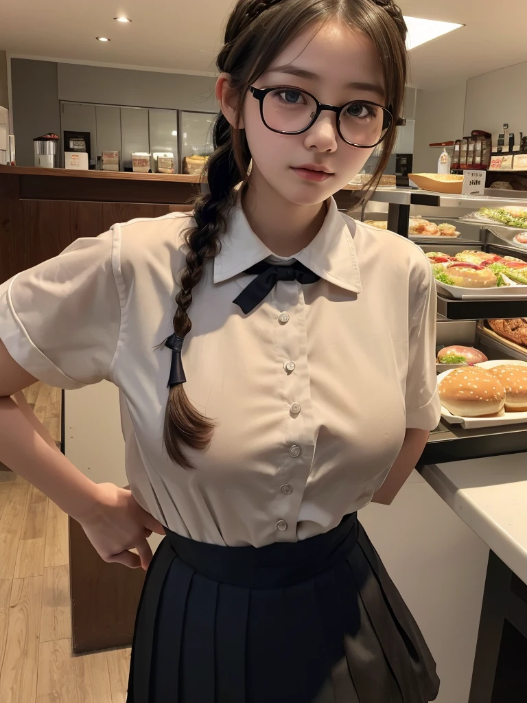 ((masterpiece))、((Highest quality))、photograph、reality、High resolution、Advanced Depth of Field、become close、Realistic lighting、Delicate facial features、Realistic Background、(The whole body is shown:1.2)、(Big Breasts:1.2)、(Erect nipples:1.2)、(Slender:1.2)、(Hamburger Shop Uniform:1.5)、(Collared shirt:1.2)、(Short tight skirt:1.2)、(apron:1.2)、(The background is an empty cafe:1.2)、(Early teens:1.5)、(Young face:1.5)、(Short)、(Braid)、Glasses