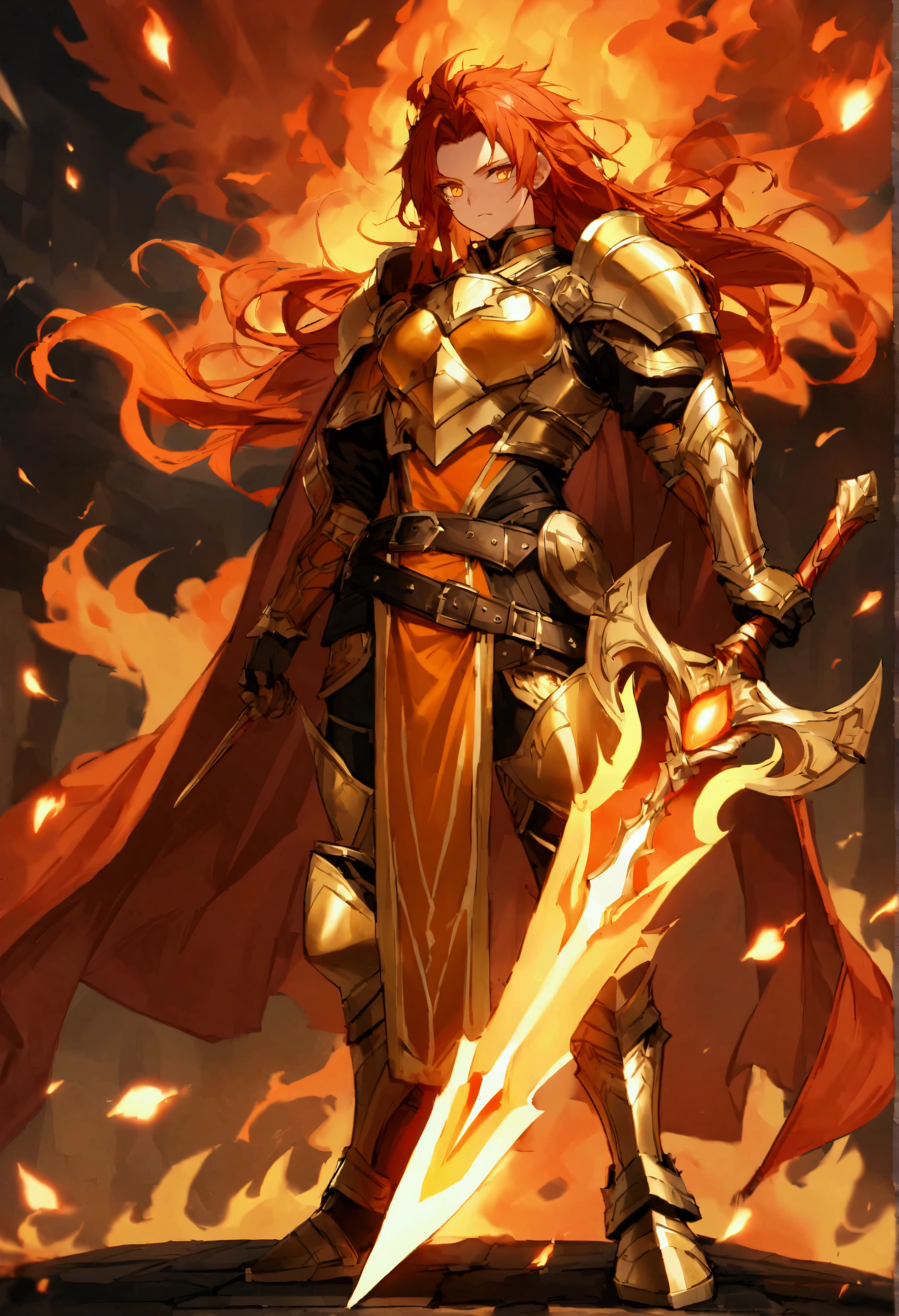 The fire paladin is a strong and brave woman, with short, flaming reddish-orange hair, which appears to be on fire without emitting heat. His eyes glow like burning embers, an intense orange color that seems to burn with passion and determination. He wears red and gold armor, with leather and metal details that appear to have been forged in fire itself. In one hand he wields a flaming sword, the blade of which appears to be engulfed in eternal flames, and in the other hand he holds a shield with the symbol of a burning flame. His expression is fierce and determined, with a look that seems to challenge any enemy to approach. - A red cape that flutters behind her like a flame - A belt with a buckle in the shape of a lion or dragon head - A pair of boots with leather and metal details that look like they were designed for walking on hot coals - An aura of heat and light that surrounds your body, as if you were enveloped in an eternal flame