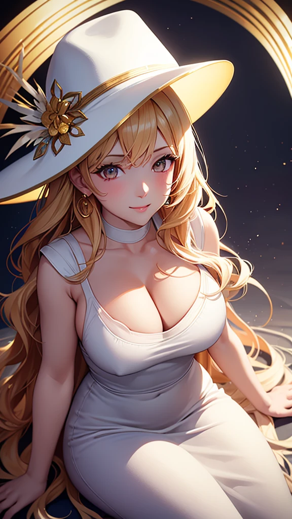 (best quality:1.5, highres, UHD, 4K, detailed lighting, shaders), gold wavy hair, gradient hair, large breasts, white shirt, white skirt jeans, mature woman , white Witcher hat, (pov), white background, colorful red eyeshadow, dramatic lighting, smile eyepression, golden earrings, flowing hair, delicate facial features, soft skin, high cheekbones, white background, stand up, lean forward, full body