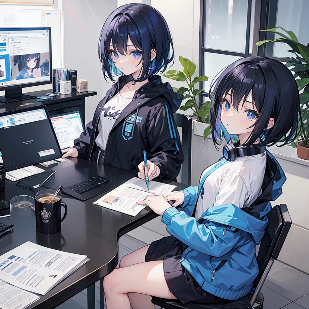 Let it be an anime girl, that she has short hair and that her hair is black with a little blue streak on the side that her eyes are blue and that she appears with a jacket and with black headphones around her neck that she is in her room sitting in a chair in front of a table and that Have a notebook on the table and have a pencil in her hand as if she were writing something so that the background looks like it's at night.