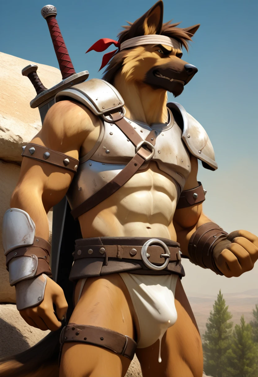 Solo Sexy anthro furry german shepherd male; ancient Mediterranean desert warrior; slim mesomorph handsome model apperance apperance; boy's messy short hair headband; sexy toned muscules; sword scars; worn out rusty sexy skimpy armament. He has low on hips heavy leather studded heavy belt. he has narrow in the crotch very old worn out bulgy tigh jockstrap (smelly jockstrap fetish); His jockstrap it is made of old white worn out matte leather sewn together from a few pieces, it has never been washed, it is dirty and has stains from secretions of dried semen and sweat; His armor is old heavy brown harness with armlets studded with spikes; rusty old skimpy breatsplate armor, he has old brown leather BFR Bands on Biceps and his thighs, he has old worn out fingerless leather gloves. His armor is in ruin, it is very very old and dirty, rusted, dirty, old worn out, rusty breastplate. Even though he is a handsome and sexy man, he has a sloppy appearance, has disheveled unwashed dirty fur, dirty body look. he smells, he has stains from old blood, dirst, cum, mud, smelly furr, disgusting bastard looking.He stands proudly bravely with one foot on a higher stone in the Mediterranean sunny pine forest; he has a proud, threatening and defiant expression on his face, with little dirty dangerous smile; he stands furious with his sword raised in a fighting stance,he holds a sword in his right paw, ready for incoming fight; he has narrow in the crotch very old worn out bulgy tigh jockstrap (smelly jockstrap fetish); His jockstrap it is made of old white worn out matte leather sewn together from a few pieces, it has never been washed, it is dirty and has stains from secretions of dried semen and sweat;, he has narrow in the crotch very old worn out bulgy tigh jockstrap (smelly jockstrap fetish); His jockstrap it is made of old white worn out matte leather sewn together from a few pieces, it has never been washed, it is dirty and has stains from secretions of dried semen and sweat;,