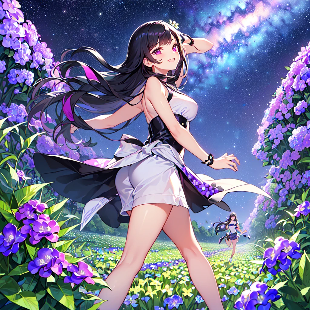 masterpiece, best quality, high quality, extremely detailed, very delicate and beautiful, (1 female 18 years old alone solo:1.5), (long black hair up to waist with two side up:1.5), bangs to eyebrows, eyes (eyes sharp and strong, glossy glossy eyes, eyebrows glossy, (eye color magenta:1.3), 6.5 head height, (pentas flower print fashion:1.3), (smiling), (running:1.3), (dynamic pose), (background pentas flower field:1.3), (Milky Way Night Sky:1.3),