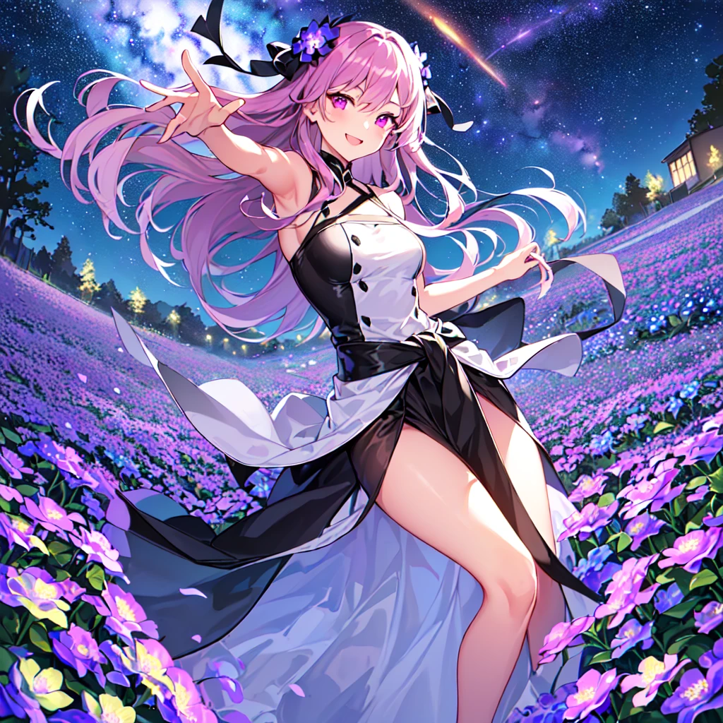 masterpiece, best quality, high quality, extremely detailed, very delicate and beautiful, (1 female 18 years old alone solo:1.5), (long black hair up to waist with two side up:1.5), bangs to eyebrows, eyes (eyes sharp and strong, glossy glossy eyes, eyebrows glossy, (eye color magenta:1.3), 6.5 head height, (pentas flower print fashion:1.3), (smiling), (running:1.3), (dynamic pose), (background pentas flower field:1.3), (Milky Way Night Sky:1.3),