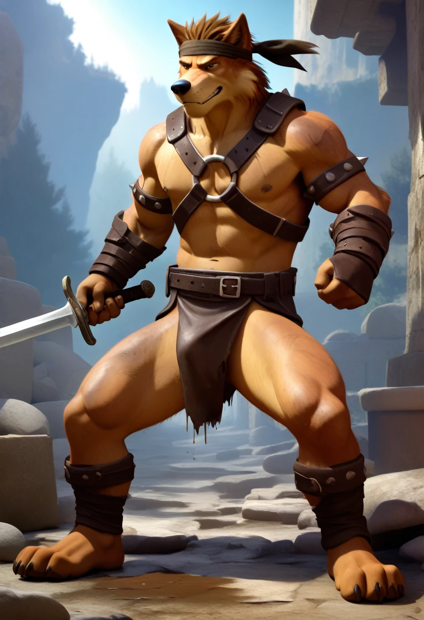 Solo Sexy anthro furry wolf male; ancient Mediterranean desert warrior; slim mesomorph handsome model apperance apperance; boy's messy short hair headband; sexy toned muscules; sword scars;  worn out rusty sexy skimpy armament. He has low on hips heavy leather studded heavy belt. he has narrow in the crotch very old worn out bulgy tigh jockstrap (smelly jockstrap fetish); His jockstrap it is made of old white worn out matte leather sewn together from a few pieces, it has never been washed, it is dirty and has stains from secretions of dried semen and sweat; His armor is old heavy brown harness with armlets studded with spikes; rusty old skimpy breatsplate armor,  he has old brown leather BFR Bands on Biceps and his thighs, he has old worn out fingerless leather gloves. His armor is in ruin, it is very very old and dirty, rusted, dirty, old worn out, rusty breastplate. Even though he is a handsome and sexy man, he has a sloppy appearance, has disheveled unwashed dirty fur, dirty body look. he smells, he has stains from old blood, dirst, cum, mud, smelly furr, disgusting bastard looking. He stands proudly bravely with one foot on a higher stone in the Mediterranean sunny pine forest; he has a proud, threatening and defiant expression on his face, with little dirty dangerous smile; he holds a sword in his right paw, he stands furious with his sword raised in a fighting stance,he holds a sword in his right paw, ready for incoming fight; ready for incoming fight; he has narrow in the crotch very old worn out bulgy tigh jockstrap (smelly jockstrap fetish); His jockstrap it is made of old white worn out matte leather sewn together from a few pieces, it has never been washed, it is dirty and has stains from secretions of dried semen and sweat;, he has narrow in the crotch very old worn out bulgy tigh jockstrap (smelly jockstrap fetish); 