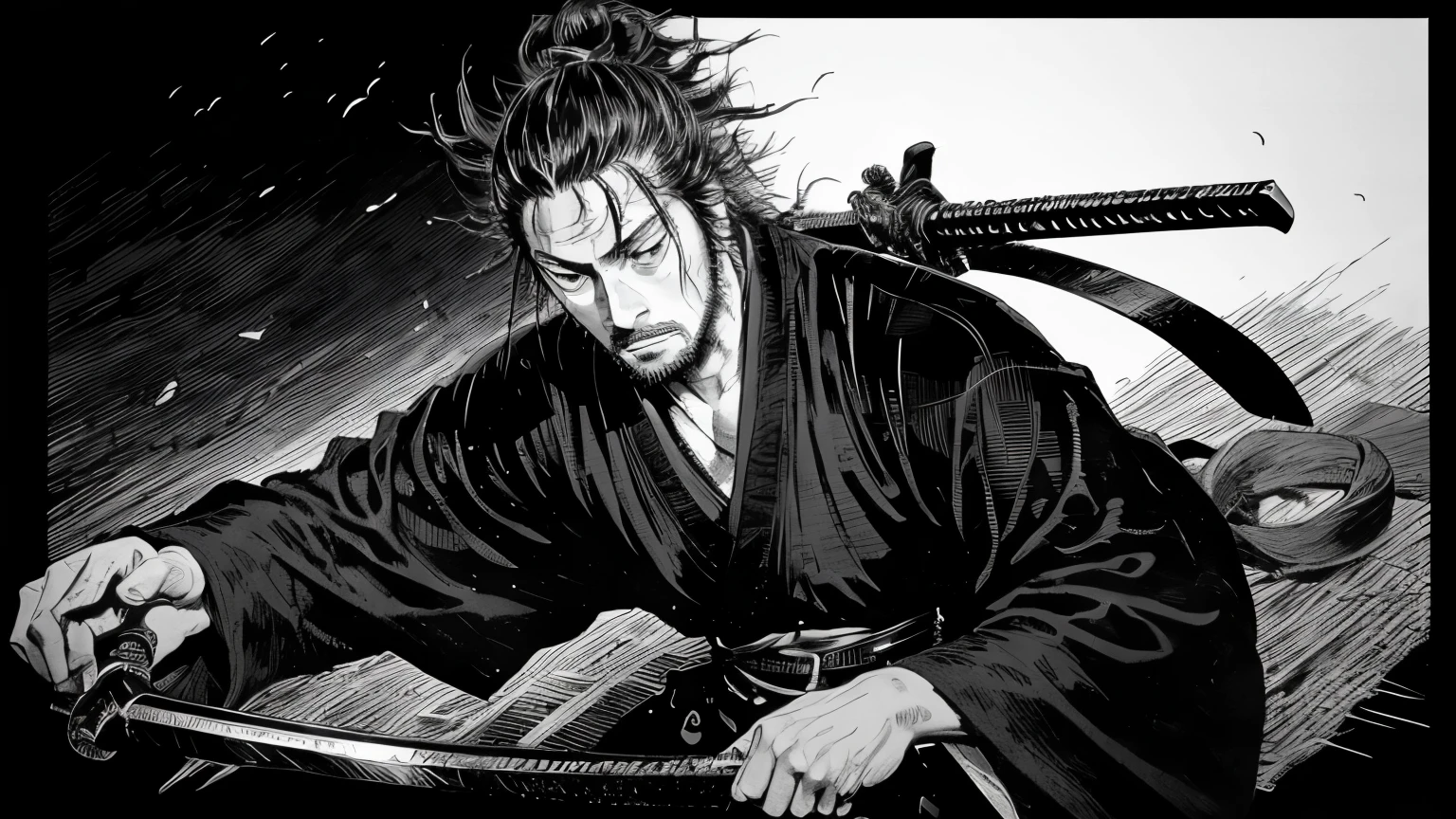 a black and white photo of a man holding a sword, miyamoto musashi, inspired by Kanō Sanraku, Tsutomu Nihei Art, Tsutomu Nihei style, Samurai man vagabond, by Tetsugoro Yorozu, Samurai, inspired by Kanō Hōgai, inspired by Kikuchi Yōsai