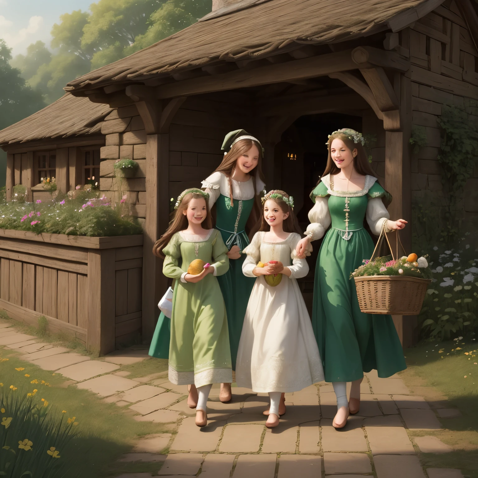 (high resolution: 1.2),Happy moment, medieval mother and 2 daughters, go shopping at village market, cheer, bunnies and duck, beautiful detailed eyes, lush green garden, long flowing hair, traditional medieval clothes,