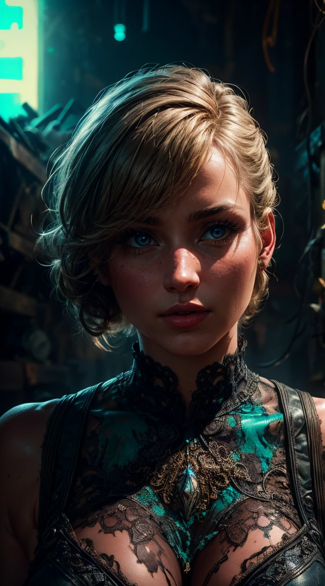 masterpiece, Best Quality, Digital actriz jenifer lawrence , low water, 8k, Very detailed face, a perfect face, The perfect body, Posing, (intricate details:0.9), (HdR, Hyperdetail:1.2), (natural skin textures, hyperrealistic, luz outfit, sharp), (Intricate detail 1.5), In an abandoned warehouse, ((Lots of neon consecration.)).