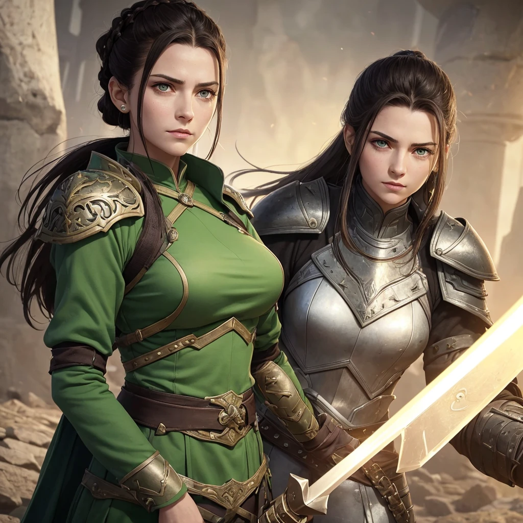 A charismatic leader with a strong yet compassionate presence, dressed in practical, battle-worn armor. She has dark hair tied back, piercing green eyes, and carries a sword at her side. Lyara stands in a fortified refuge, surrounded by grateful survivors, exuding an aura of courage and maternal care
