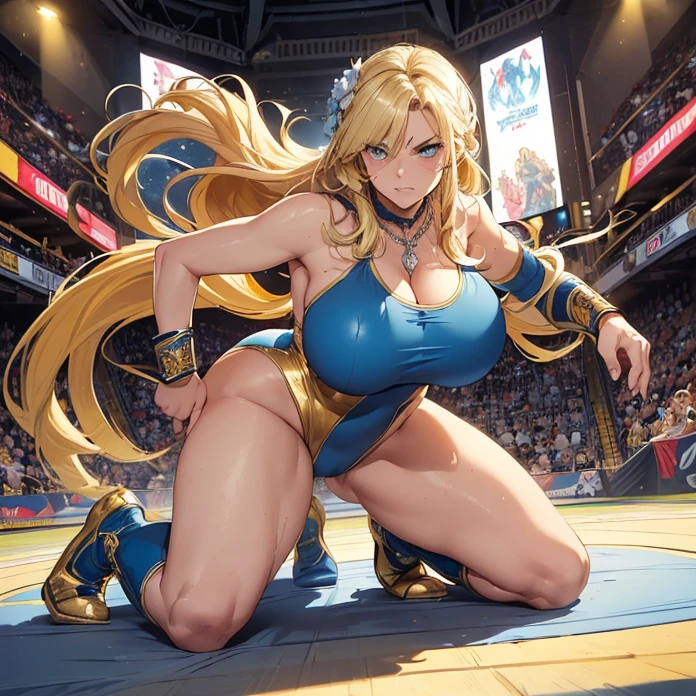 (masterpiece, illustration, action scene, very detailed image, best high quality high definition image, carefully detailed textures and pixels, carefully detailed character and background, alone solo character, sexy scene)
{{1character: beautiful 40 years old norse aristocrat blonde woman milf: (fair skin, light blue eyes, wavy yellow-blonde-golden hair, absolute beauty, angry face, clenching her teeth angry, big breasts, voluptuous figure, huge butt, running directly to attack, sweating), (headbang bith two flue flowers, silver necklace, blue one-piece wrestling leotard with rich golden details, golden wrestling boots, white wrestling elbow-pads, white wrestling knee-pads), (wrestling big ring, female wrestling stadium)}}