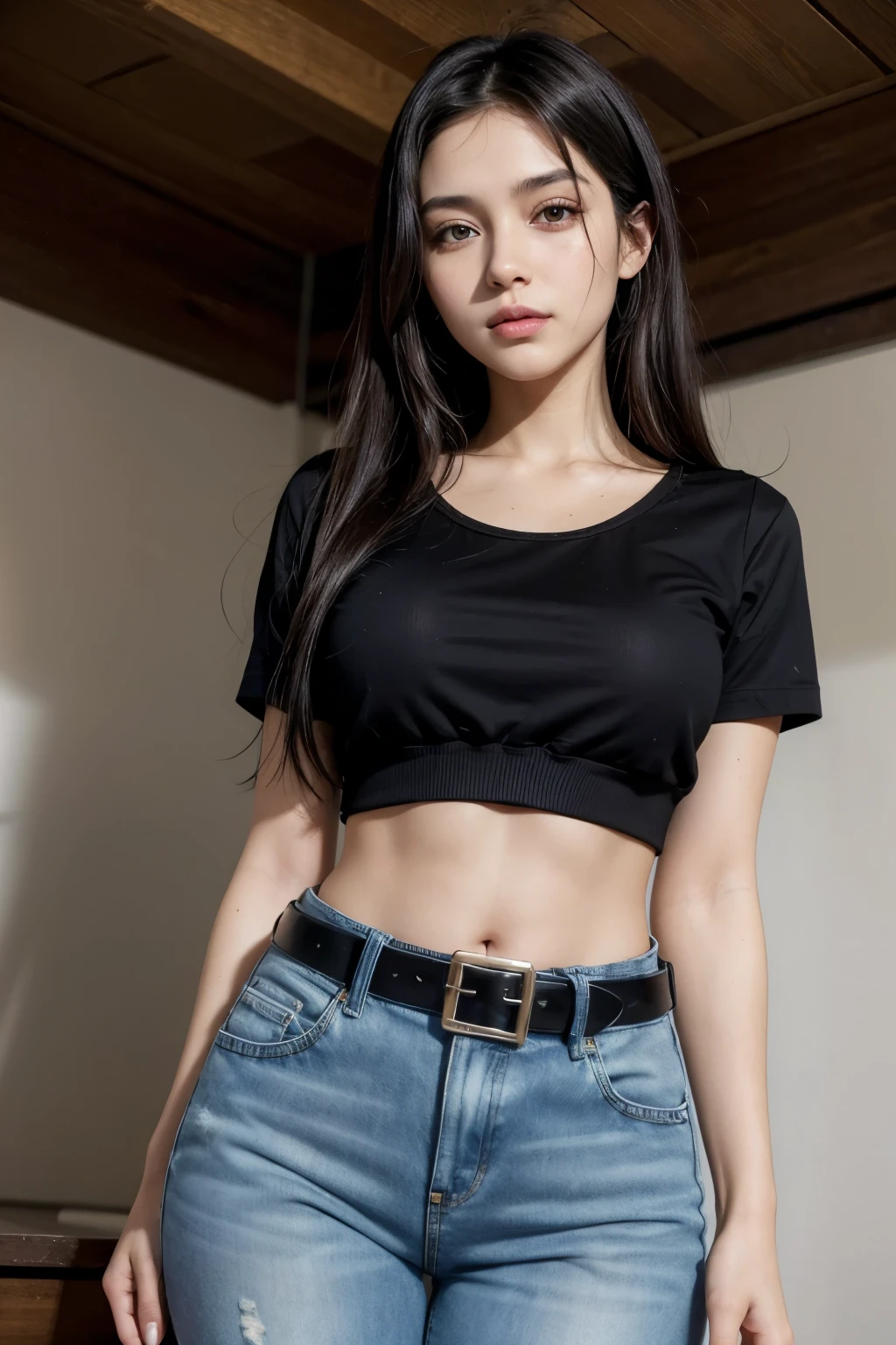 Beautiful model of Brazilian origin, brunette with black hair wearing a short black blouse and high-waisted blue jeans and a black belt with a buckle showing her oblong navel