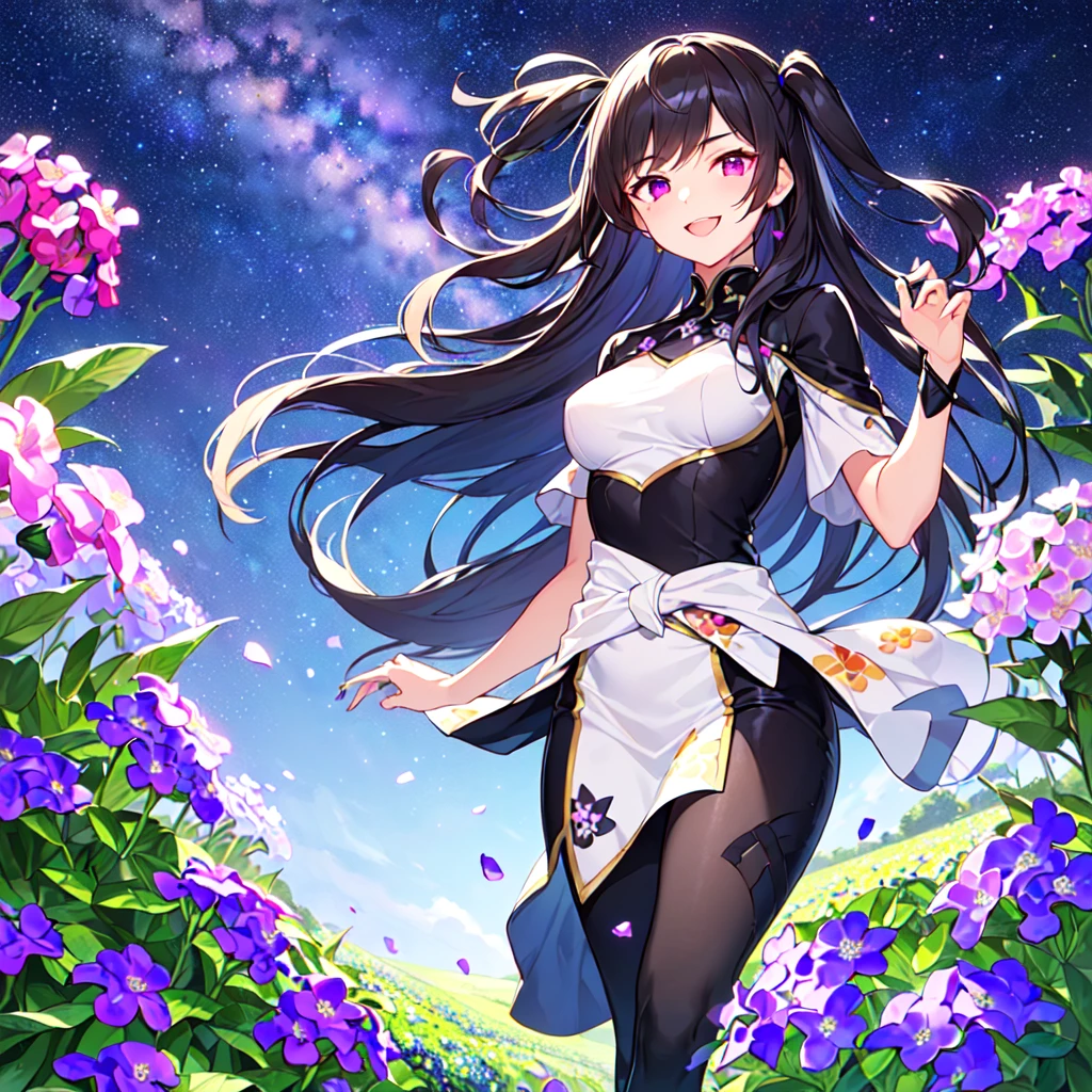 masterpiece, best quality, high quality, extremely detailed, very delicate and beautiful, (1 female 18 years old solo:1.5), (long black hair up to waist with two-side up:1.5), bangs to eyebrows, eyes (eyes sharp, strong, glossy, glossy eyebrows), (eye color magenta:1.3), 6.5 head height, (cosmos flower print fashion:1.3), knee socks, lace, ruffles, (smiling), (running:1.3), (smiling), (dynamic pose), (background cosmos flower field:1.3) ,(Milky Way Night Sky:1.3)