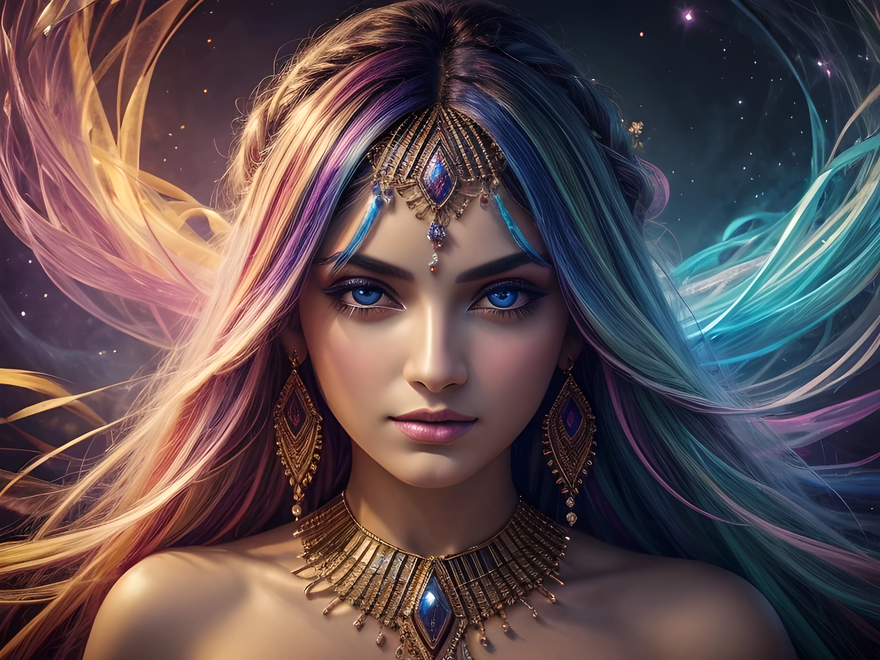 Anunnaki Frau, Floating female figure made of ribbons, smoke, in heaven, colorful and bright, Mystical colors, Modern Impressionism, dazzling painting, 3/4 Perspective view, cute face, small angle, wide swirling composition, big beautiful crystal eyes, Large irises, uhd, HDR, 8k, (masterpiece: 1. 5), (the most beautiful portrait in the world: 1.5)