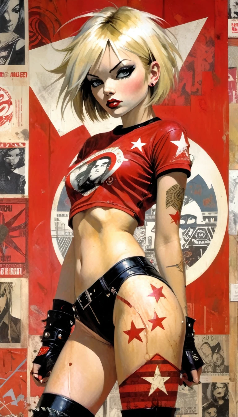 (((woman))), (((best quality))), (((first job))), (((adult))), (((1 girl))), (((bob cut)) ) ), tiny leather panties, torn rugby shirt, nearly naked in wild Simon Bisley street style, short blonde hair, minimal clothing, metal protection on left arm with intricate graphics. , faded red with red stars, communist, and red and white paisley, armor painted with aggressive graphics, full of spikes and rivets, (((from the knee up))), I didn't finance a wall painted by Shepard Fairey with an intricate design, art inspired by Bill Sienkiewicz
