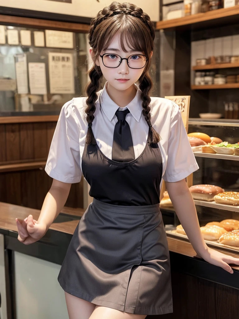 ((masterpiece))、((Highest quality))、photograph、reality、High resolution、Advanced Depth of Field、become close、Realistic lighting、Delicate facial features、Realistic Background、(The whole body is shown:1.2)、(Big Breasts:1.2)、(Erect nipples:1.2)、(Slender:1.2)、(Hamburger Shop Uniform:1.5)、(Collared shirt:1.2)、(Short tight skirt:1.2)、(apron:1.2)、(The background is an empty cafe:1.2)、(:1.5)、(Young face:1.5)、(Short)、(Braid)、Glasses