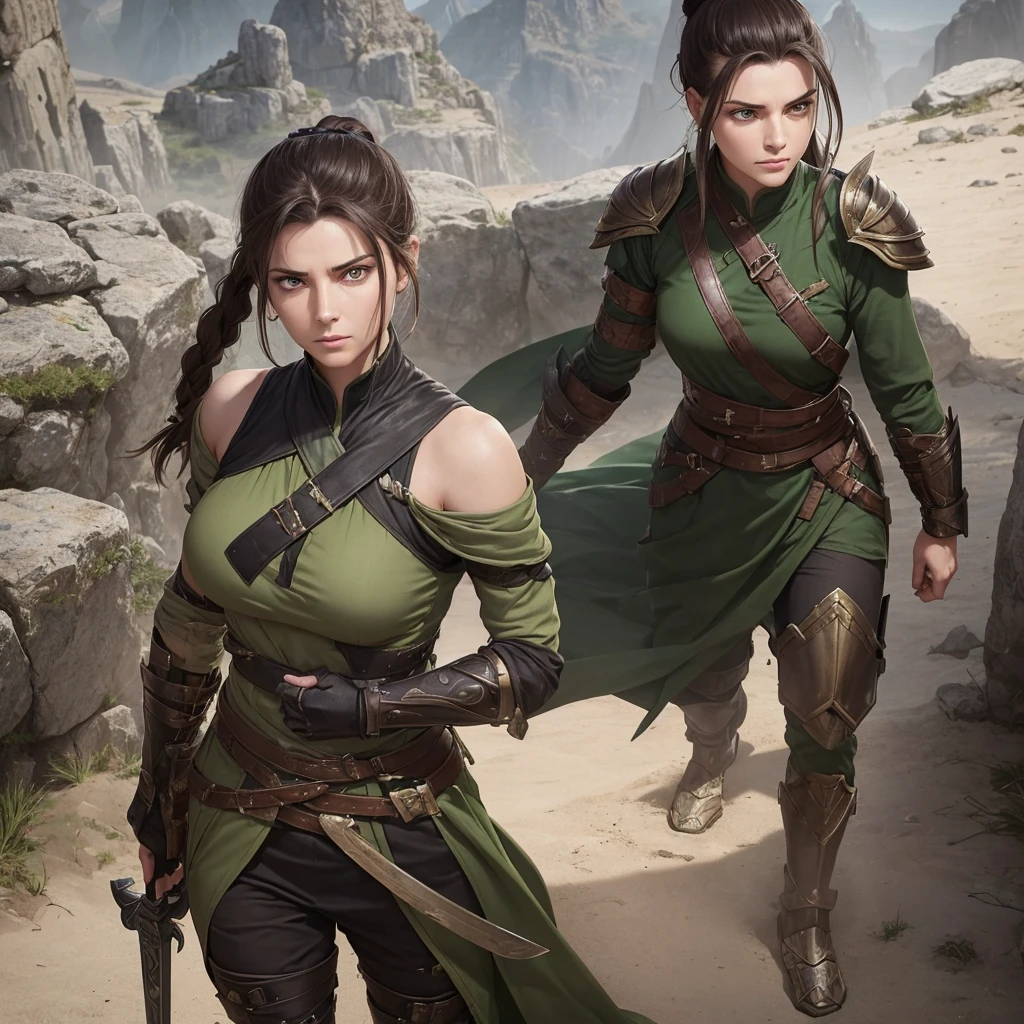 A charismatic leader with a strong yet compassionate presence, dressed in practical, battle-worn armor. She has dark hair tied back, piercing green eyes, and carries a sword at her side. Lyara stands in a fortified refuge, exuding an aura of courage and maternal care, solo, full body