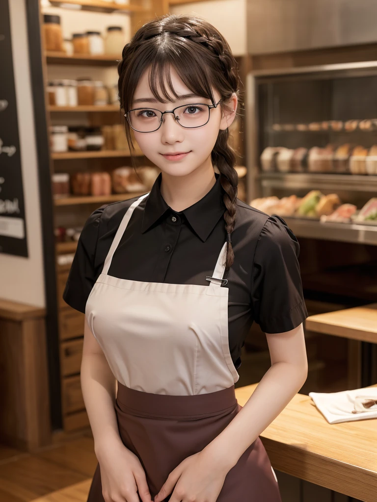 ((masterpiece))、((Highest quality))、photograph、reality、High resolution、Advanced Depth of Field、become close、Realistic lighting、Delicate facial features、Realistic Background、(The whole body is shown:1.2)、(Big Breasts:1.2)、(Erect nipples:1.2)、(Slender:1.2)、(Hamburger Shop Uniform:1.5)、(Collared shirt:1.2)、(Short tight skirt:1.2)、(apron:1.2)、(The background is an empty cafe:1.2)、(Early s:1.5)、(face:1.5)、(Short)、(Braid)、Glasses