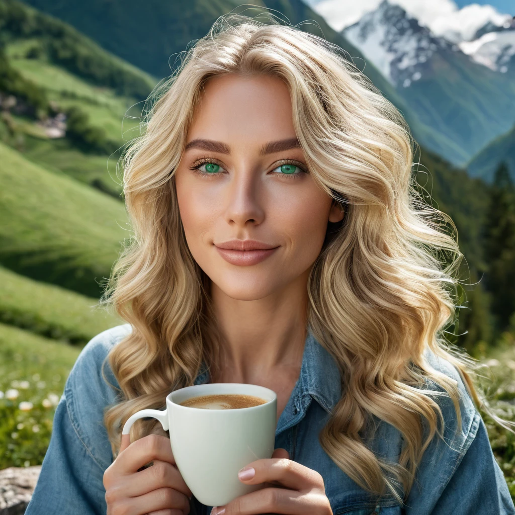 ((Long shot)) Blonde influencer with long, natural beauty, naturally wavy hair, green eyes, sexually, big, enjoying a coffee in the mountains, elegant and modern look, relaxing, Calm, whimsical, 8K, extremely detailed, photorealistic, Complicated details, realistic skin texture, realistic hair, texture, happy, 8K Ultra HD, best quality, High resolution, Attention to detail, Very large, Long shot, wide angle