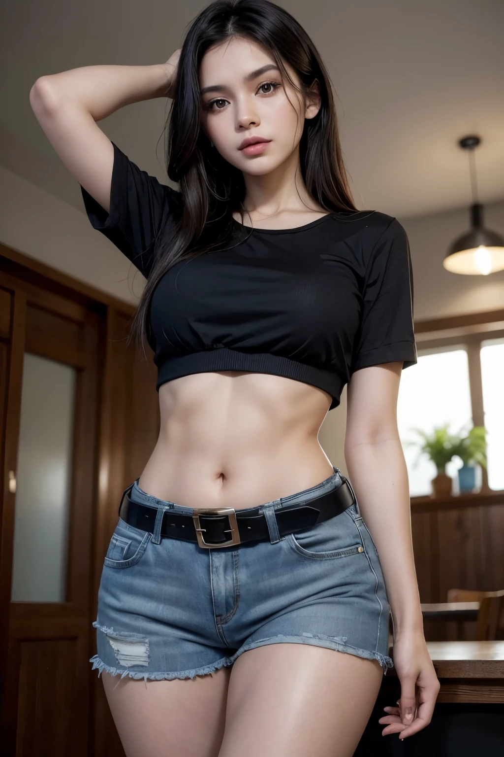 Girl in black bra and tight denim skirt posing for photo, full body, with cropped T-shirt, bra, panties, slim body, smaller circle bust, slim girl model, sweat body, wet, 24 year old female model, long hair, some hair on face, closed eye, opened mouth, in the pain, paining, troubled, sleeping on the bed,