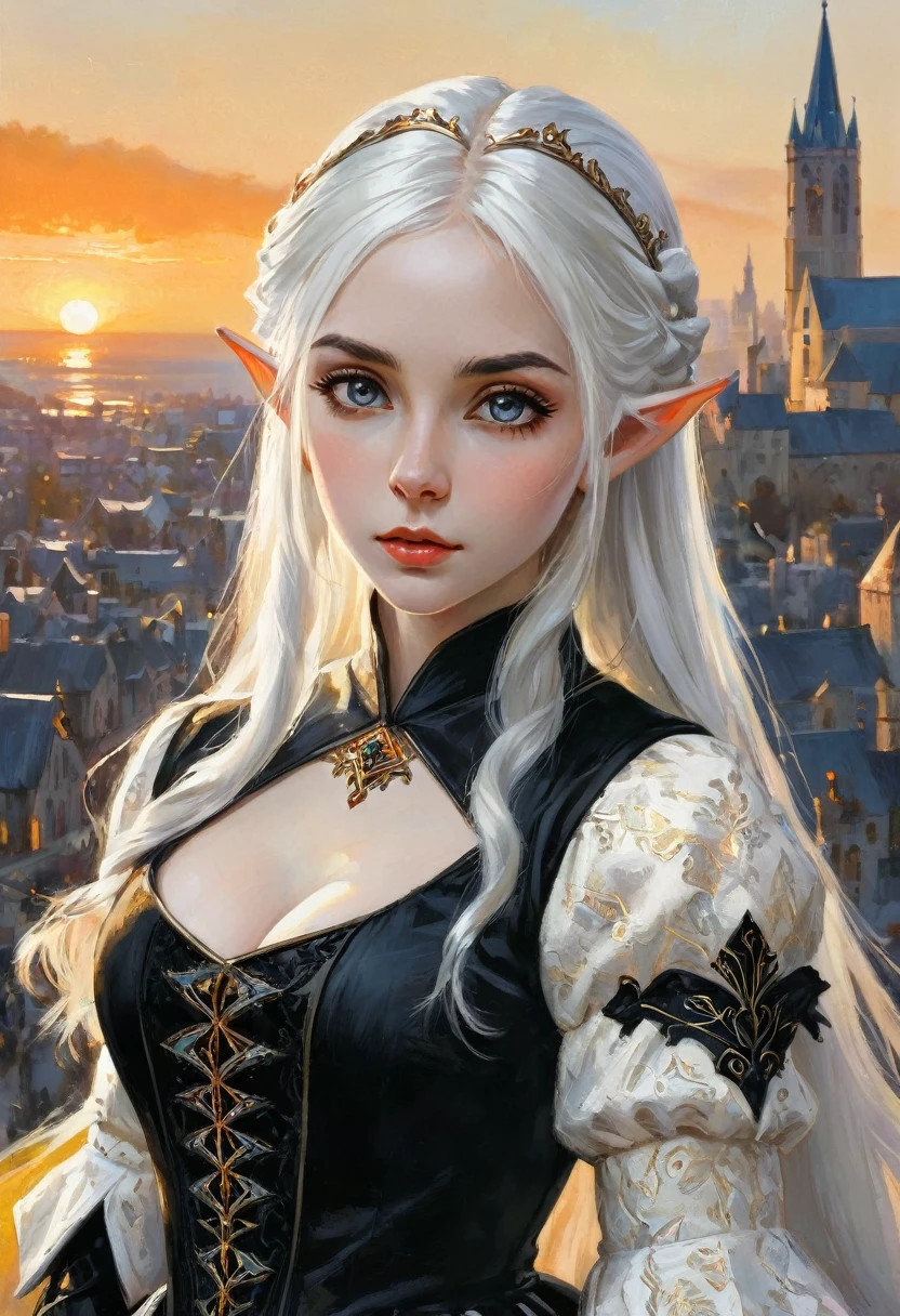 1girl, expressive eyes, elf ear, white hair, black patterned clothes dress, big medieval city in sunset in background, detail richness, masterpiece, best quality