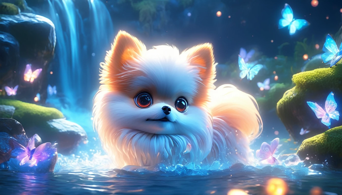 side view, oversaturate, colorfully, Fairytale, dreamlike, Cinematic character render, oil painting, 3D, 8k resolution, hot springs, small waterfall, dark blue sky, moonlight, an adorable chibi kawaii anthropomorphic pomeranian with large expressive eyes soak in hot springs peacefully, two glowing butterfly flying around. 
