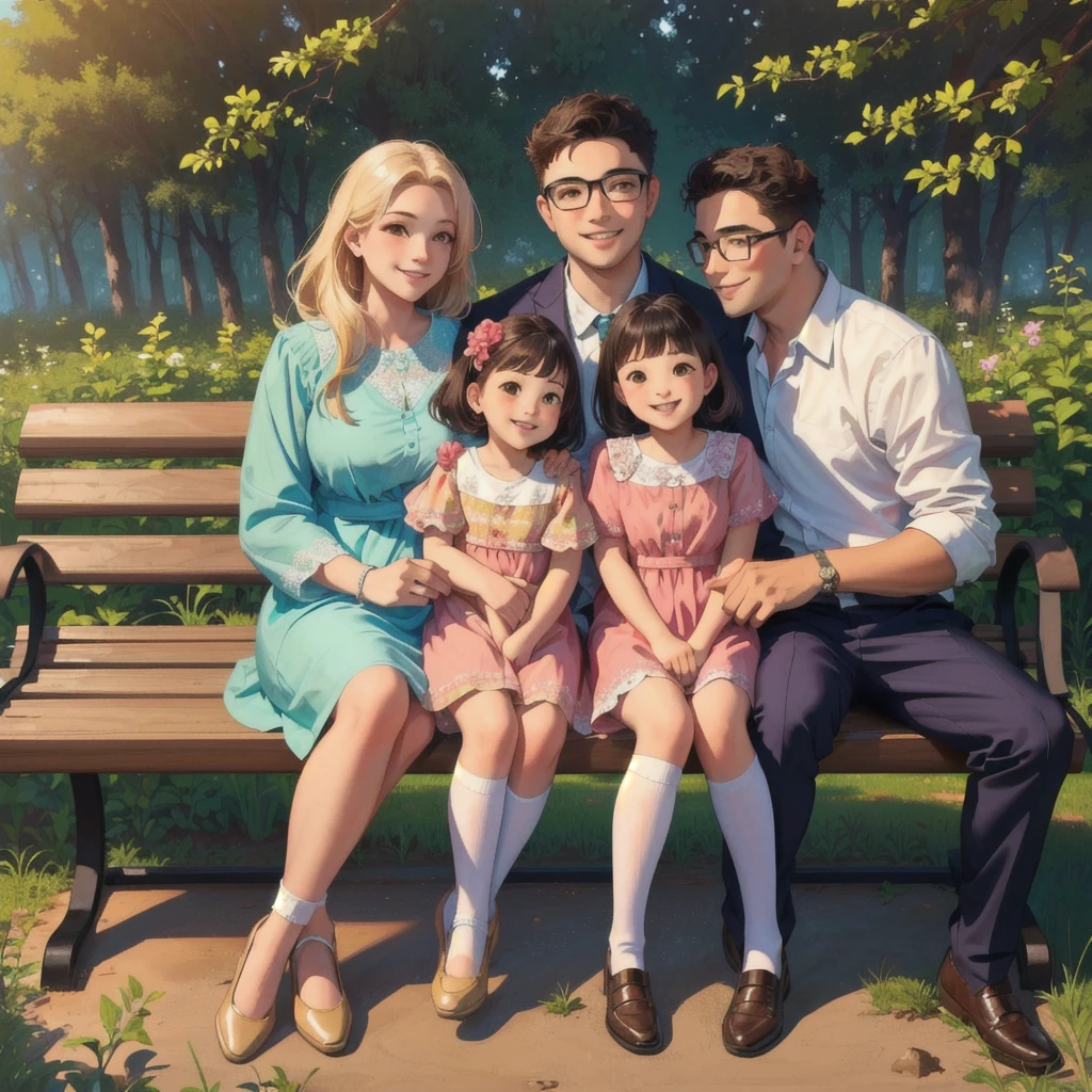 family sitting in a bench, forest background, cute, 4 members, 1baby, 1kid, couple, women wears a cute outfit, smile, man wears glasses and a elegant outfit,