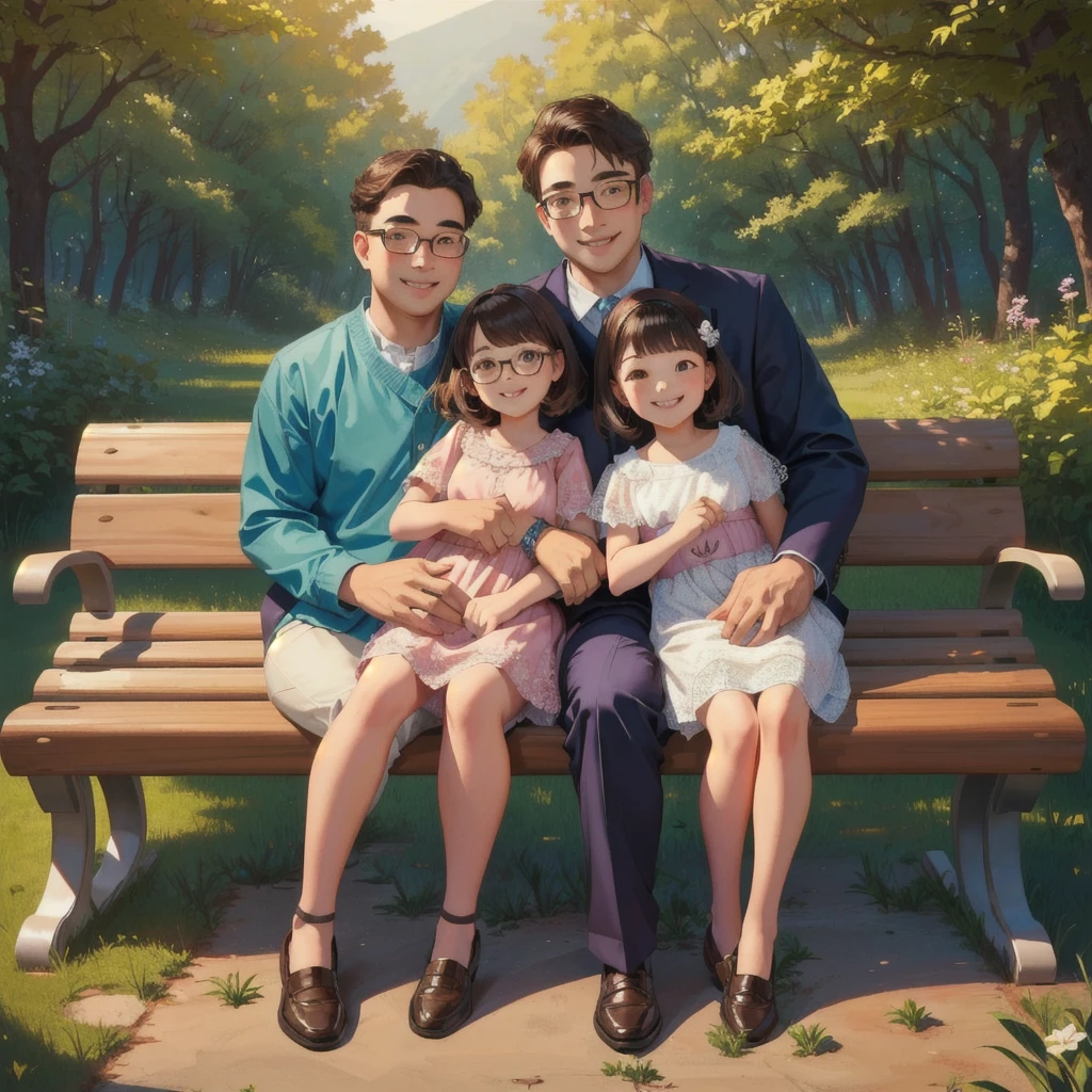 family sitting in a bench, forest background, cute, 4 members, 1baby, 1kid, couple, women wears a cute outfit, smile, man wears glasses and a elegant outfit,