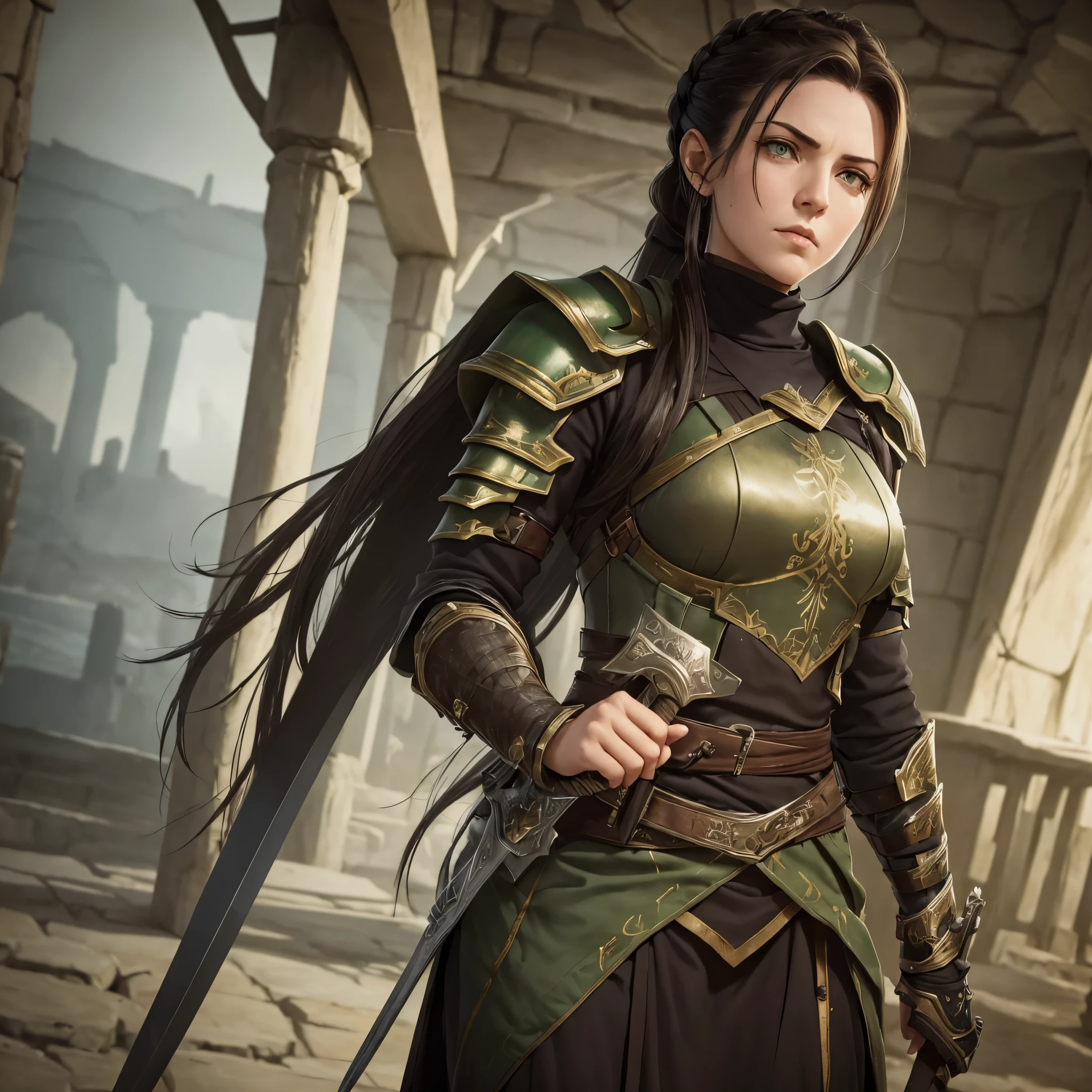 A charismatic leader with a strong yet compassionate presence, dressed in practical, battle-worn armor. She has dark hair tied back, piercing green eyes, and carries a sword at her side. Lyara stands in a fortified refuge, exuding an aura of courage and maternal care, solo, full body
