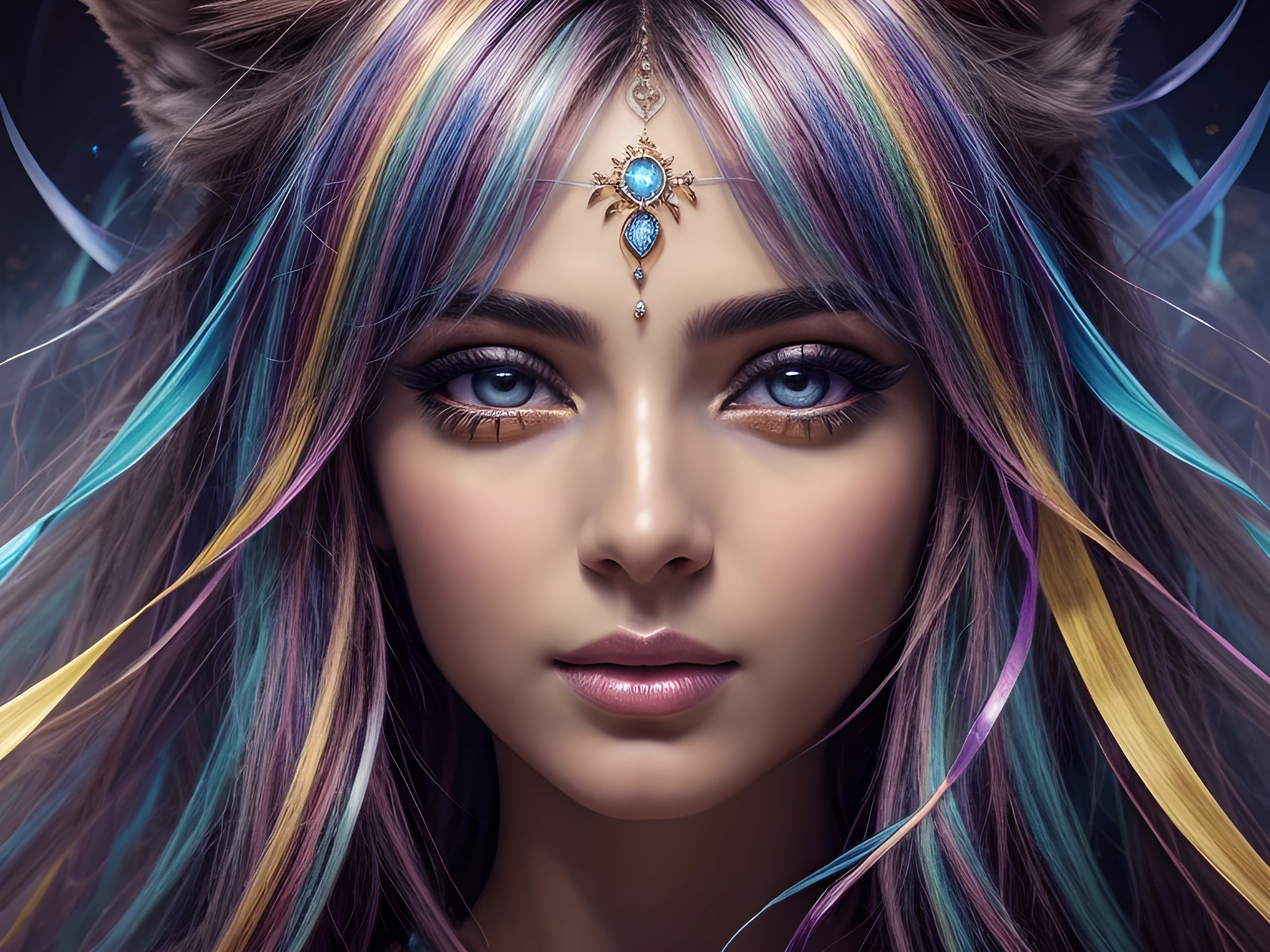 Anunnaki Wolf, face close up, Floating female figure made of ribbons, smoke, in heaven, colorful and bright, Mystical colors, Modern Impressionism, dazzling painting, 3/4 Perspective view, cute face, small angle, wide swirling composition, big beautiful crystal eyes, Large irises, uhd, HDR, 8k, (masterpiece: 1. 5), (the most beautiful portrait in the world: 1.5)