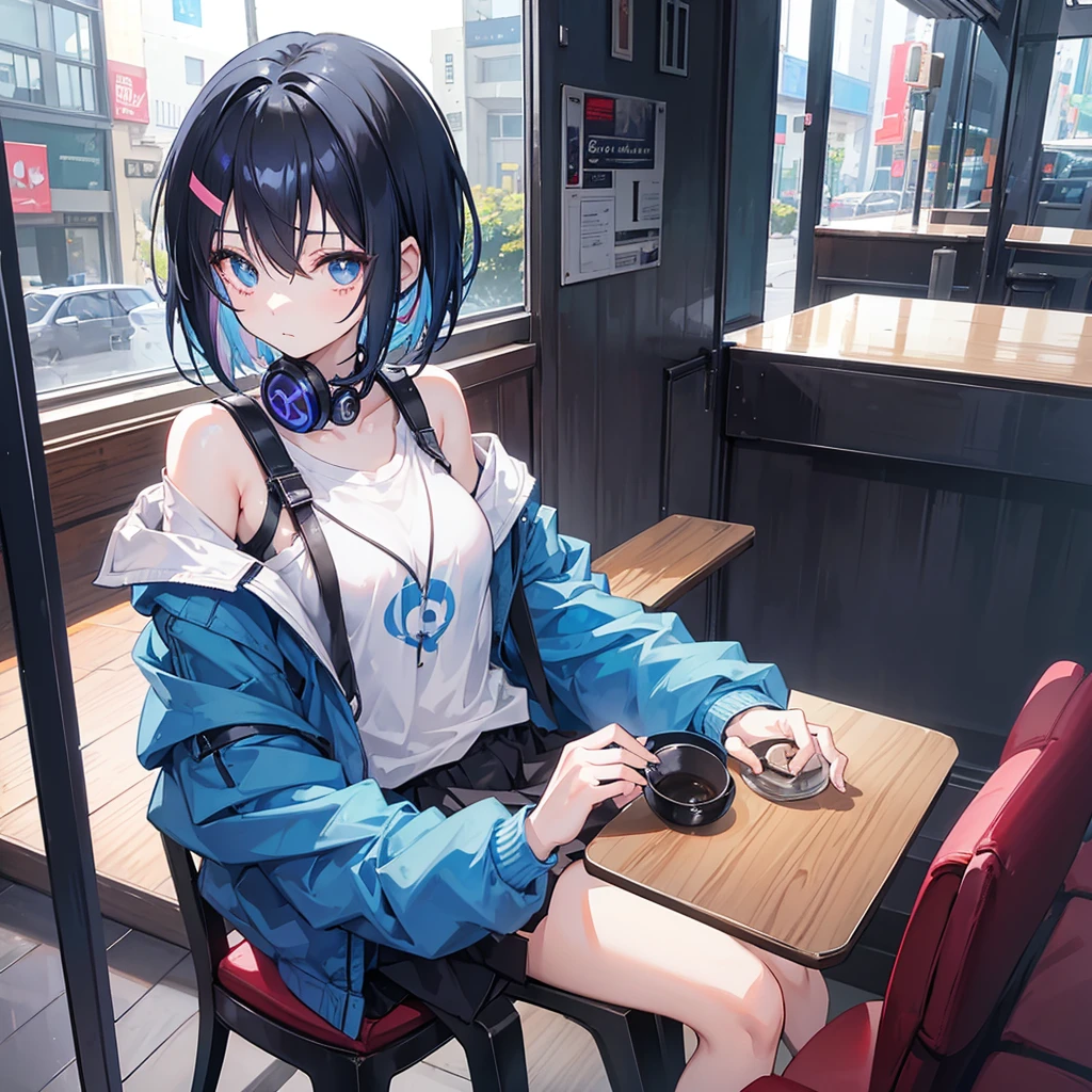 Let it be an anime girl, that she has short hair and that her hair is black with a little blue streak on the side that her eyes are blue and that she appears with a jacket and with black headphones around her neck that she is in a restaurant sitting in a chair and that she has a nice wooden table and have wine in your hand