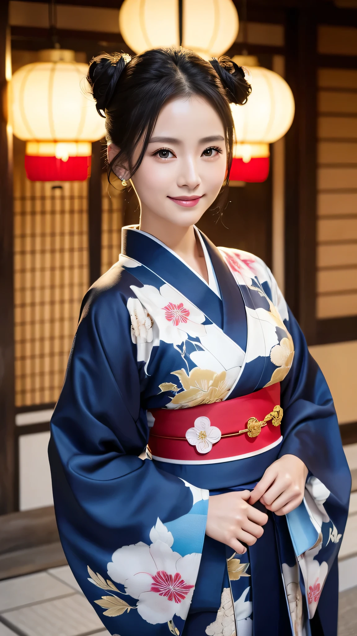 (Super beautiful woman in kimono)、((highest quality、8K masterpiece:1.3))、sharp focus:1.2、(super beautiful face:1.0)、(shiny skin:1.0)、realistic pictures、black hair、video lighting、High resolution eyes and face、video lighting、japanese actress、from the front、with a happy smile、whole body、wearing a kimono、in Kyoto、(luxury obi)、with a fan、Fireworks Display