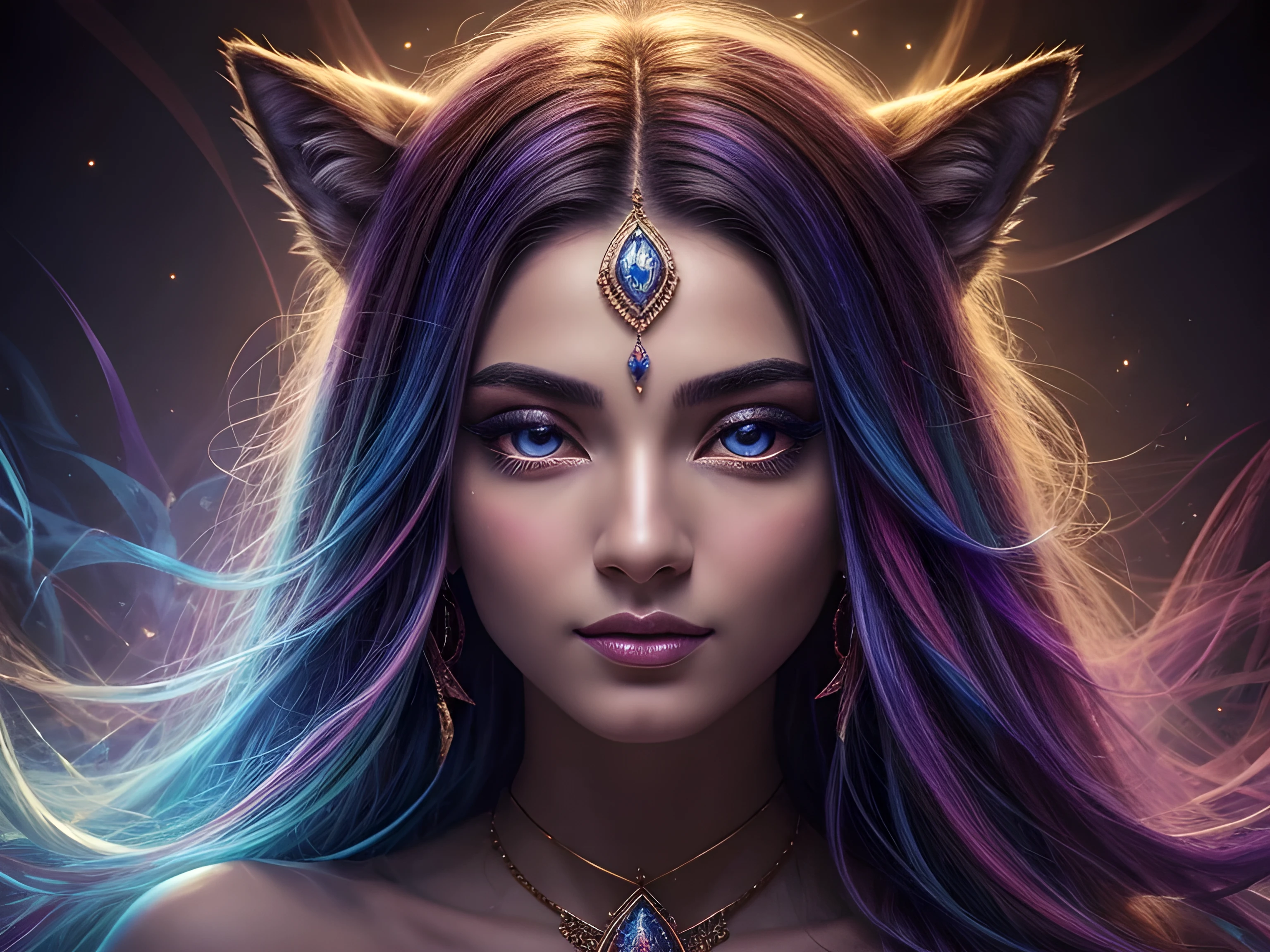 Anunnaki Wolf, face close up, Floating female figure made of ribbons, smoke, in heaven, colorful and bright, Mystical colors, Modern Impressionism, dazzling painting, 3/4 Perspective view, cute face, small angle, wide swirling composition, big beautiful crystal eyes, Large irises, uhd, HDR, 8k, (​masterpiece: 1. 5), (the most beautiful portrait in the world: 1.5)
