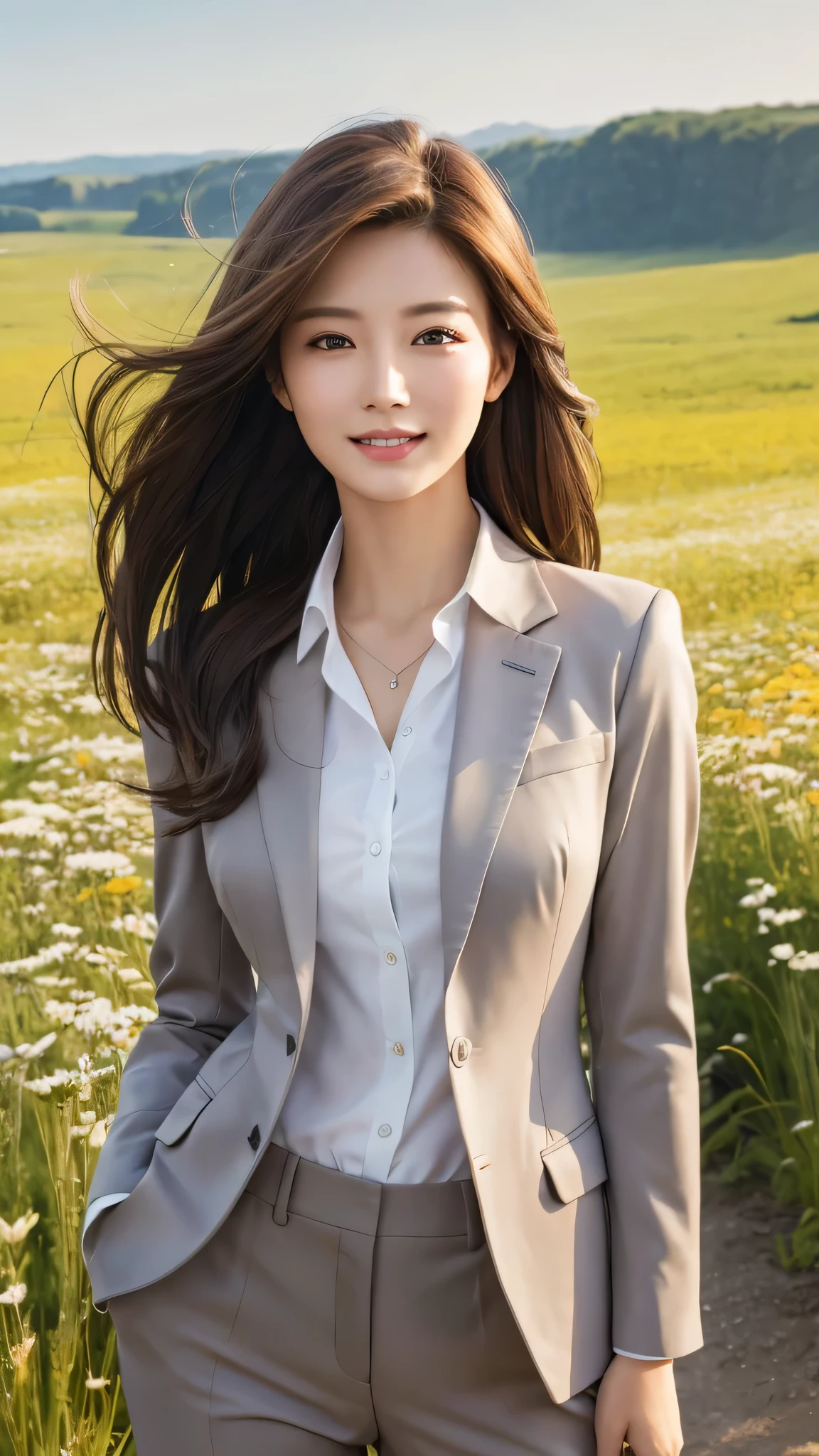 highest quality、genuine、Super detailed、finely、High resolution、8k wallpaper、one beautiful woman、、、light brown disheveled hair、wearing a business suit、sharp focus、perfect dynamic composition、beautiful and detailed eyes、thin hair、Detailed genuine skin texture、smile、model body shape、In a windswept meadow