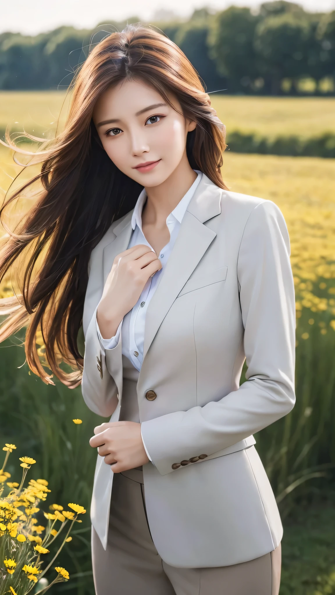 highest quality、genuine、Super detailed、finely、High resolution、8k wallpaper、one beautiful woman、、、light brown disheveled hair、wearing a business suit、sharp focus、perfect dynamic composition、beautiful and detailed eyes、thin hair、Detailed genuine skin texture、smile、model body shape、In a windswept meadow