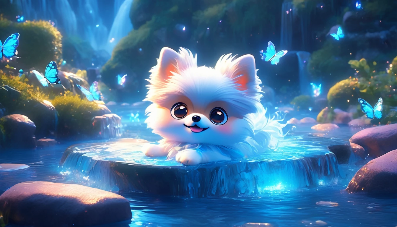 side view, oversaturate, colorfully, Fairytale, dreamlike, Cinematic character render, oil painting, 3D, 8k resolution, hot springs, small waterfall, dark blue sky, moonlight, an adorable chibi kawaii anthropomorphic pomeranian with large expressive eyes soak in hot springs peacefully, two glowing butterfly flying around.