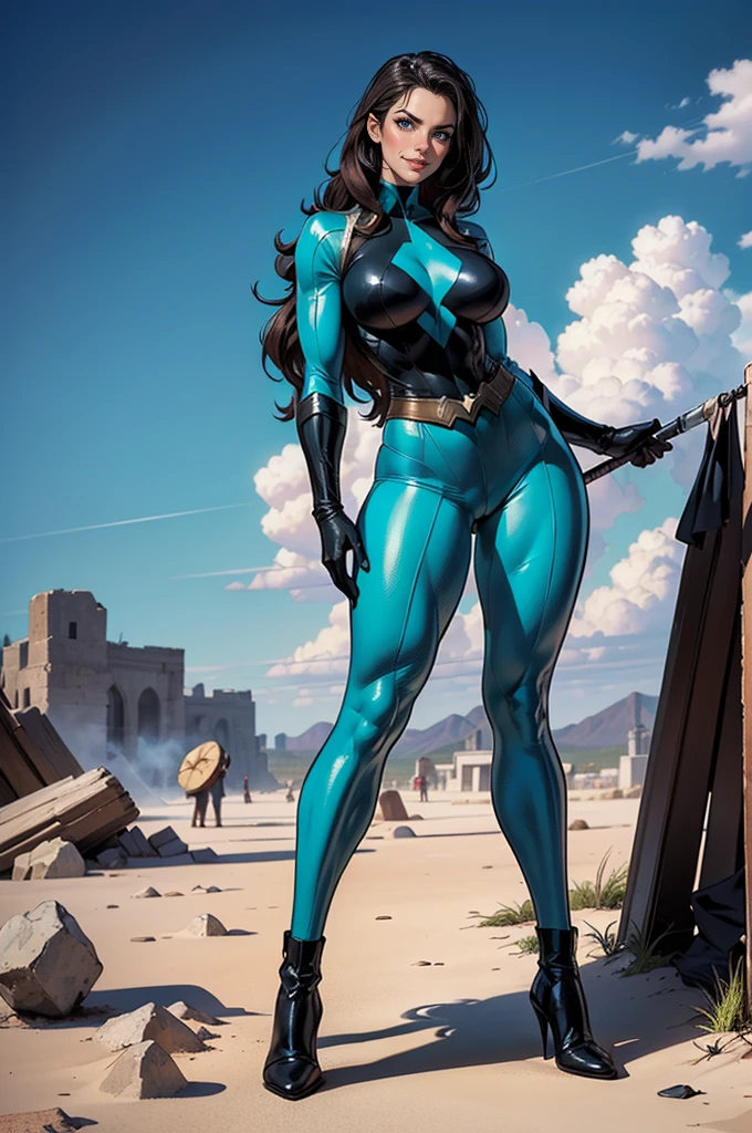 Unmatched masterpiece, ultra realista 8k CG, perfect work of art, (1girl: 1.1), 独奏, ((perfect female figure)), full body character looking at viewer, there is a desert with hurricanes in the background, mature woman, Bimbo (a brunette woman with black hair , long hair, (burlas), best qualityer:1.1, dynamic heroic pose from the front, She has a metal baton that she uses to fight crime., pose sexy, seductiv, (pretty), (curvilinear), (big), Bblack hair, (greeneyes :1.2), uniforme vermelho alaranJado, black gloves and boots, in style of marvel comics, J. Scott Campbell, invisible woman, J. Scott Campbell, comic book character, comic book art, comics style art, turned legs, fit, (bountiful breasts:1.3, (big_breasts: 1.1), Broad Hips: 1.5, narrow waisted, Waist slender: 1.5, slenderbody: 1.2, coxas bigs: 1.he's brilliant: 1.2), (hdr), (Street: 1.2), film Nikon D850 photography Kodak Portra Lens f1.400 camera 6, rich colors, realistic texture, lighting dramatic, unreal mechanism, trending on ArtStation, of Gerald Brom, de Frank Frazetta, by Luis Royo, the Julie Bell, de Boris ValleJo