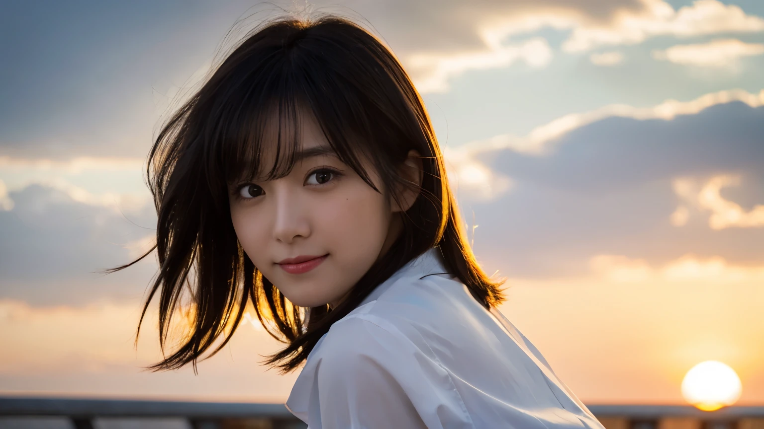 (Highest quality,masterpiece:1.3,Ultra-high resolution),(Very detailed,Caustics,8k),(Realistic:1.4,RAW shooting),Japanese,23 years old,cute,Place your finger on your lips,Are standing,(Big smile),(Looking into the camera),Black hair medium hair,Big Breasts,White blouse,Knee-length skirt,Strong winds,Hair blowing in the wind,rooftop,Backlight,sunset,sunset sky,(Bust up shot),(Face Focus:1.1),(Face close-up:1.1),Low position,Low Angle,Natural light