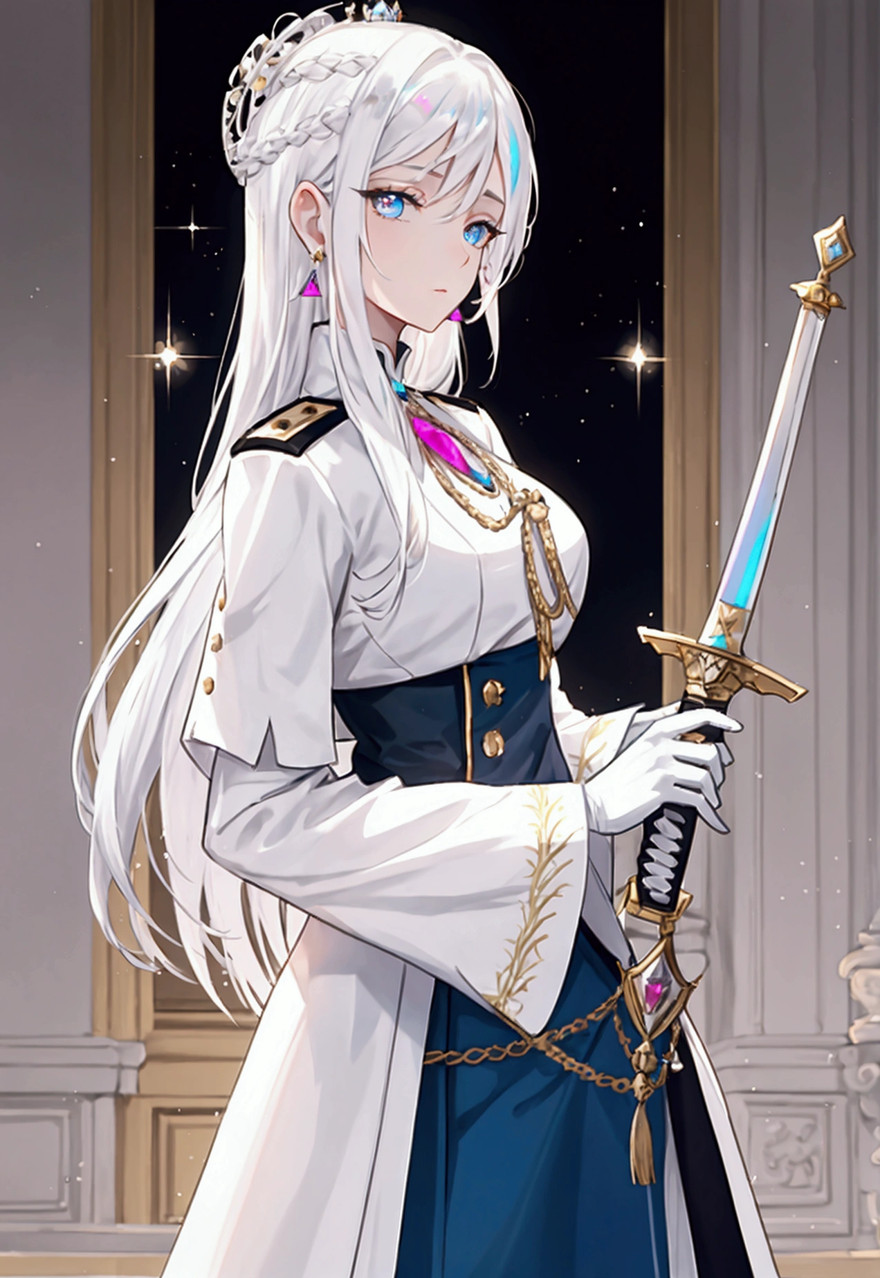 Victorian era, Military uniform, noble clothes, 1woman, queen, solo, medium shot, palace background, iridescent eyes, white shimmer hair, white eyebrow, glowing hair, (iridescent white hair), earrings, jewelry, blue eyes, blurry background, blurry, hair ornament, looking at viewer, white glove, long hair, straight hair, carrying sword on hips,